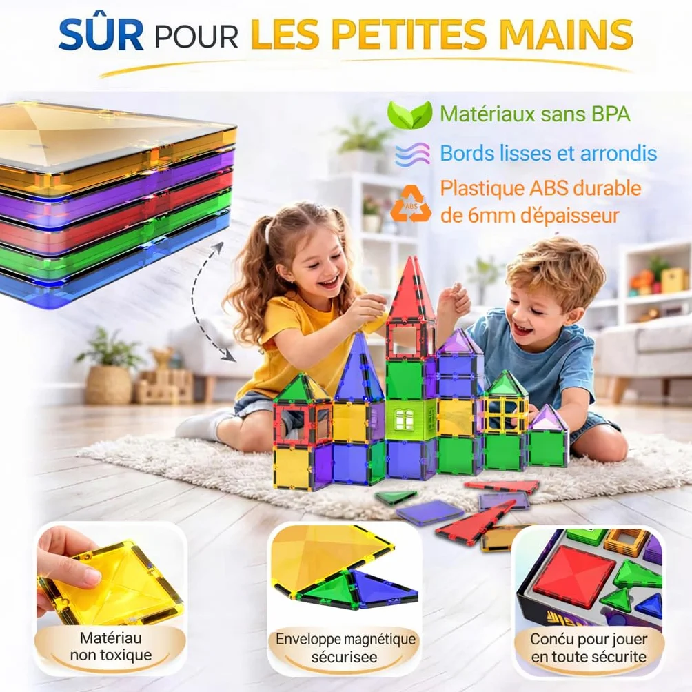 Jeu de Blocs de Construction Magnétiques 57 Pièces STEM Montessori Enfants 3 Ans