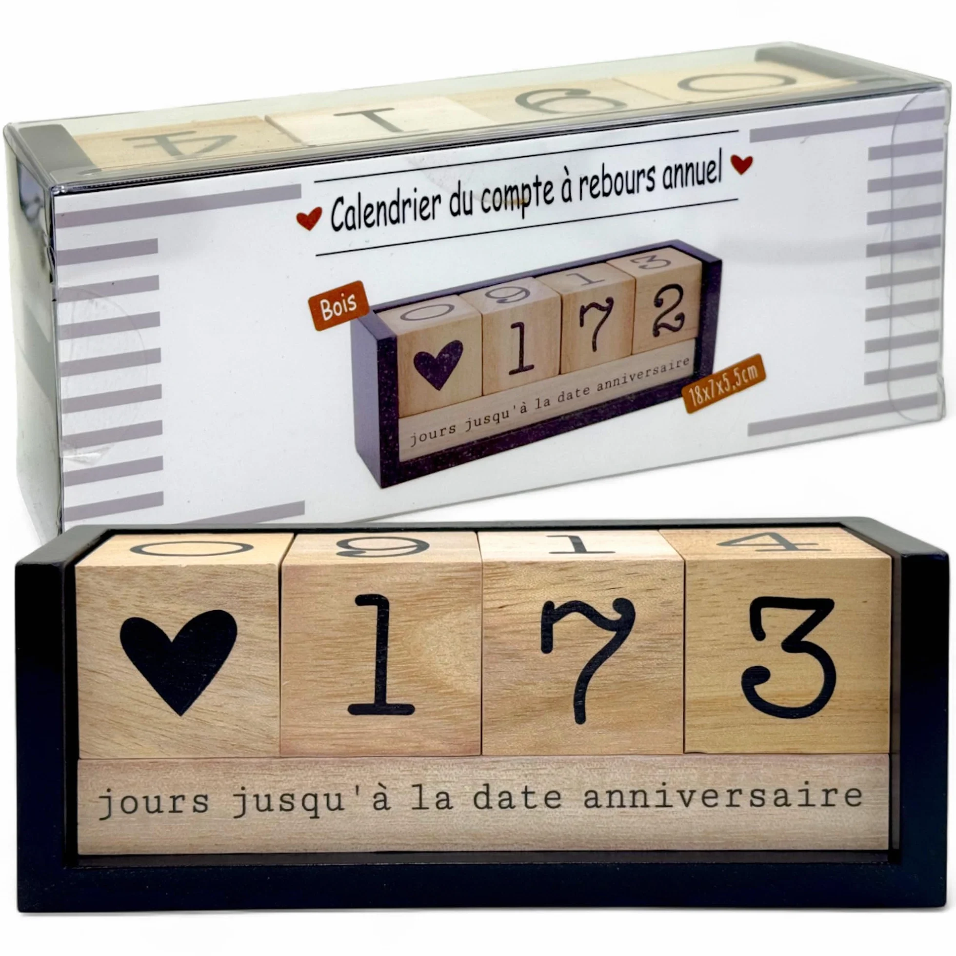 Calendrier de compte à rebours annuel en bois MIJOMA - Calendrier de table permanent avec cubes décoratifs - 432 jours, noir/naturel, édition française