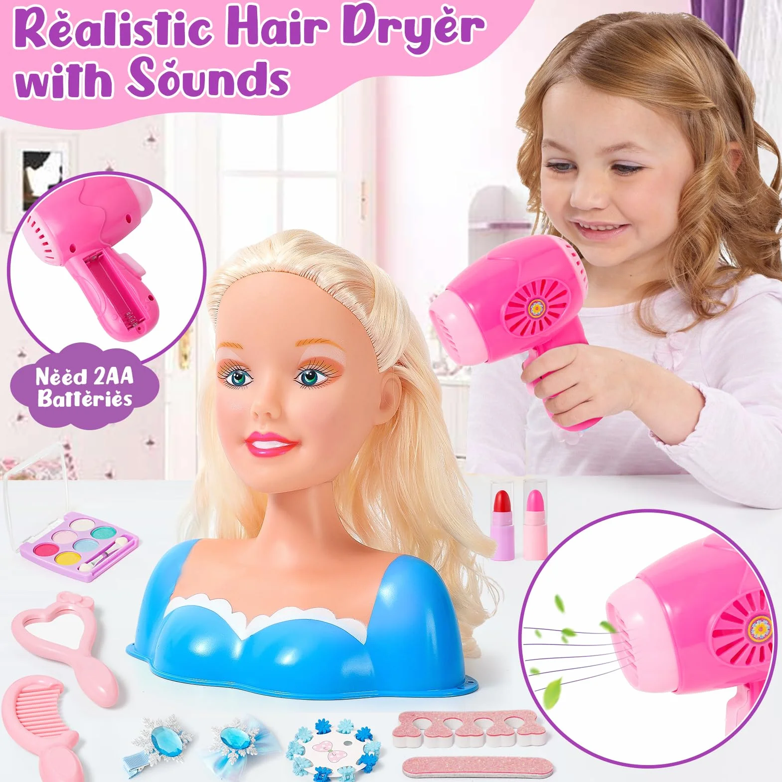 Kit de salon de coiffure pour enfants, 52 pièces jouets de coiffure, accessoires de beauté, cadeaux filles 3-6 ans