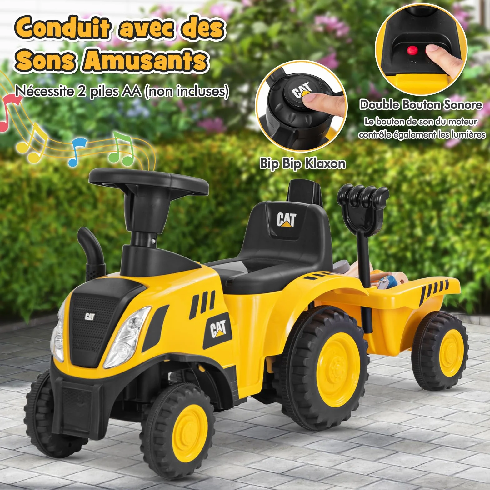 COSTWAY Caterpillar Porteur Tracteur Enfants avec Remorque Amovible & Pelle & Râteau, Voiture Enfants à 6 Pneus avec Lumière LED & Musique & Klaxon, Charge 25kg pour Enfants de 1,5-3 Ans