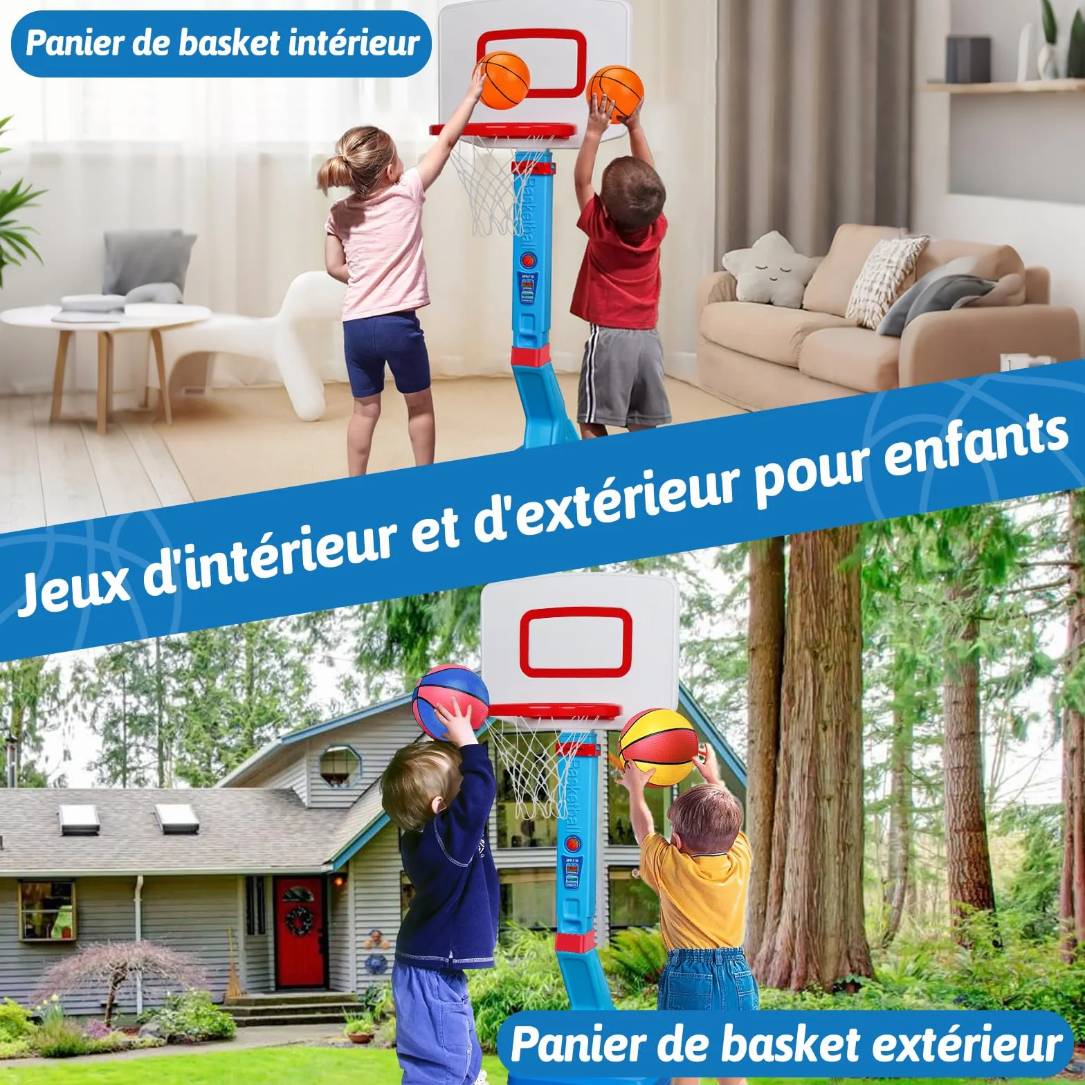 Panier de Basket Enfant Hauteur Réglable 70-138cm avec Ballon et Pompe, Jeu Extérieur Bleu