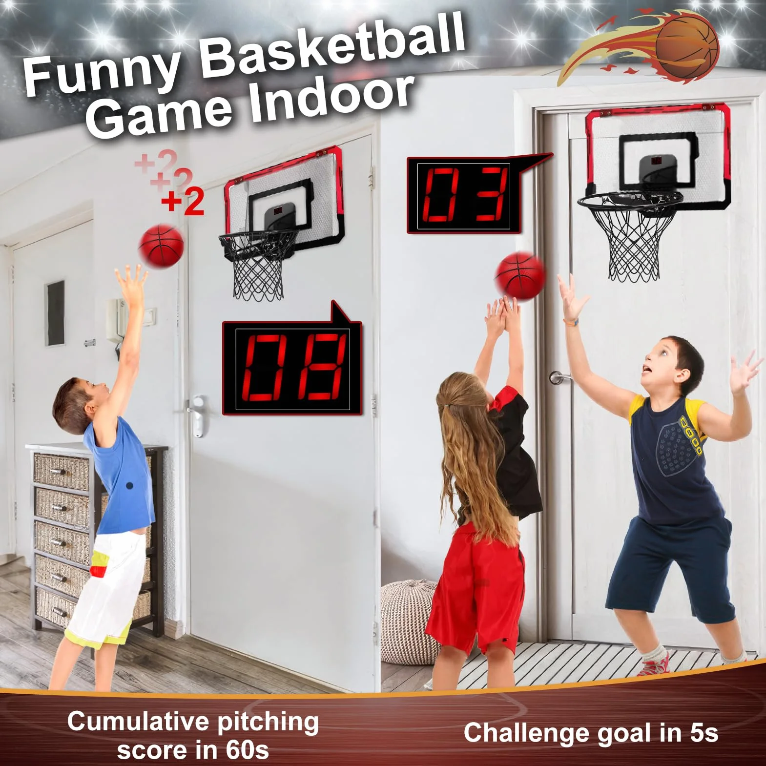 Yimore Panier de Basket Intérieur Mini Panier Basket Enfant Mural avec 4 Ballons Jeux Basketball Jouets Cadeau Garçons