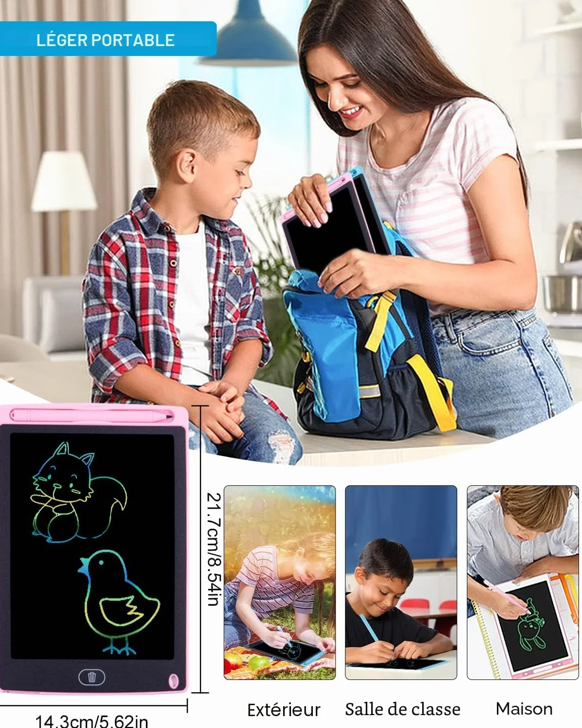 Tablette Dessin LCD Magique 8.5 Pouces Doodle Pad avec Bouton Effacement Jouets Enfants Filles Garçons Bleu Rose