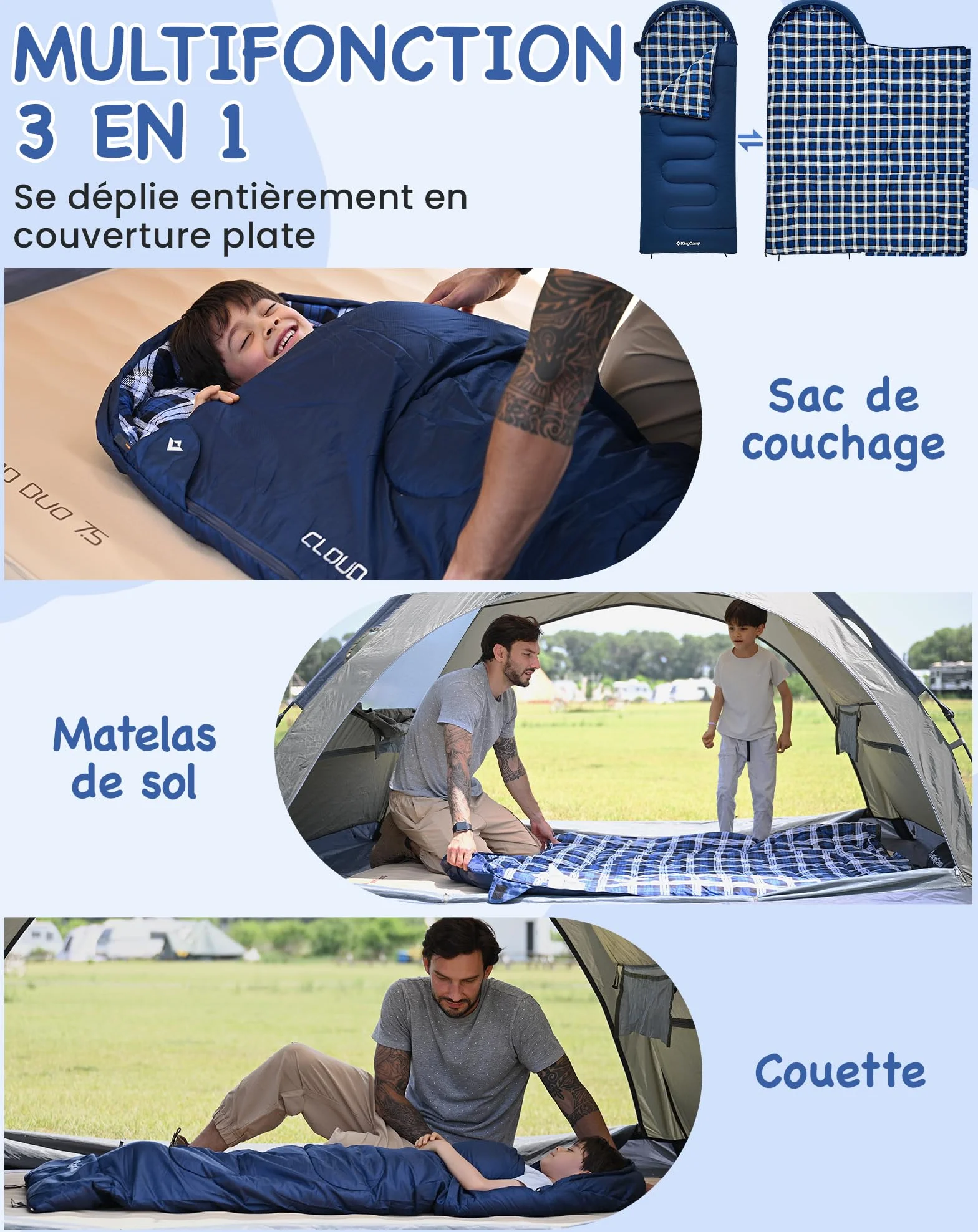 Kingcamp Sac de Couchage Enfant Flanelle Coton 170x70cm 7°C à -13°C 3-4 Saisons