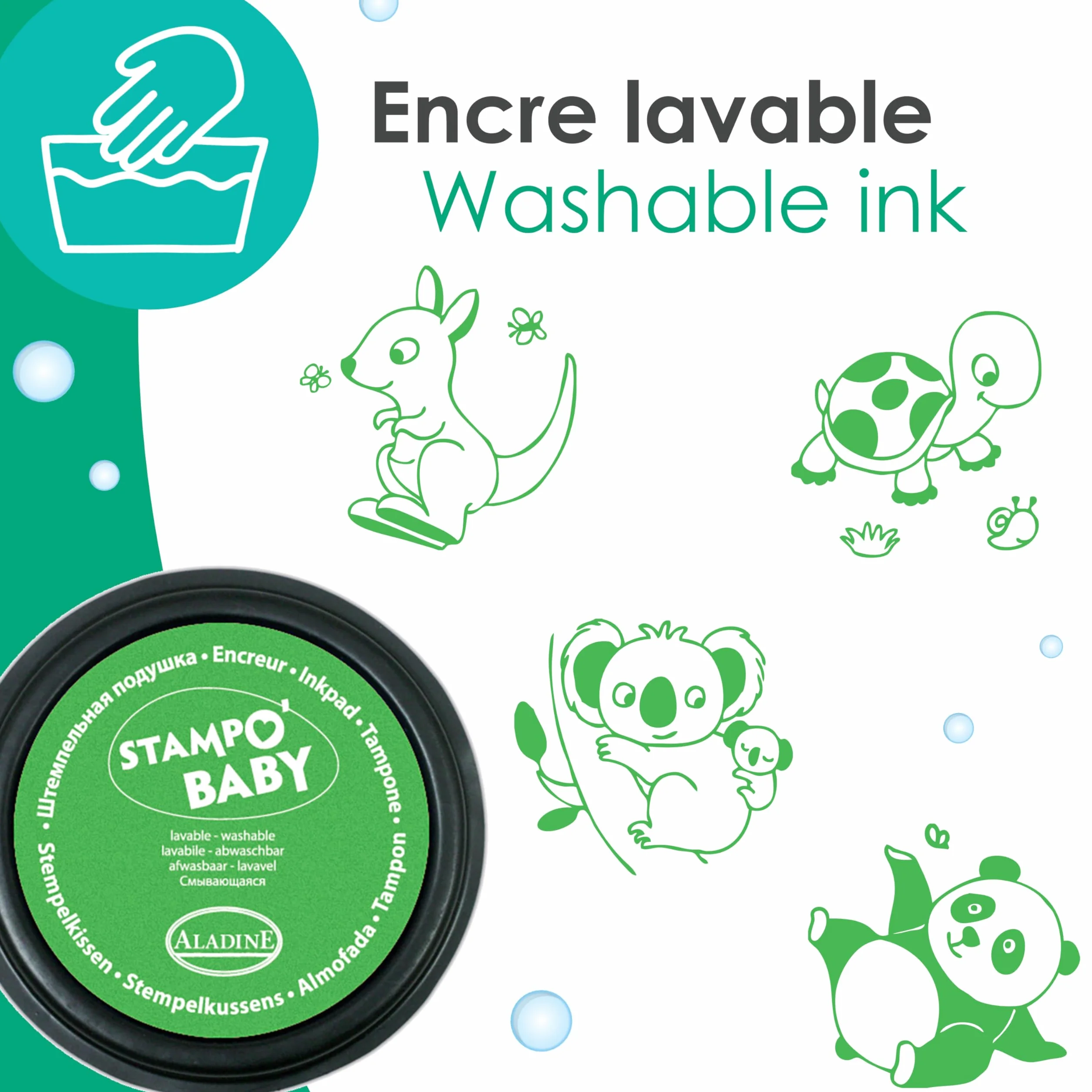 Aladine Stampo Baby 4 Tampons Animaux avec Encreur, Encre Lavable, Activité Manuelle Enfant 2 Ans