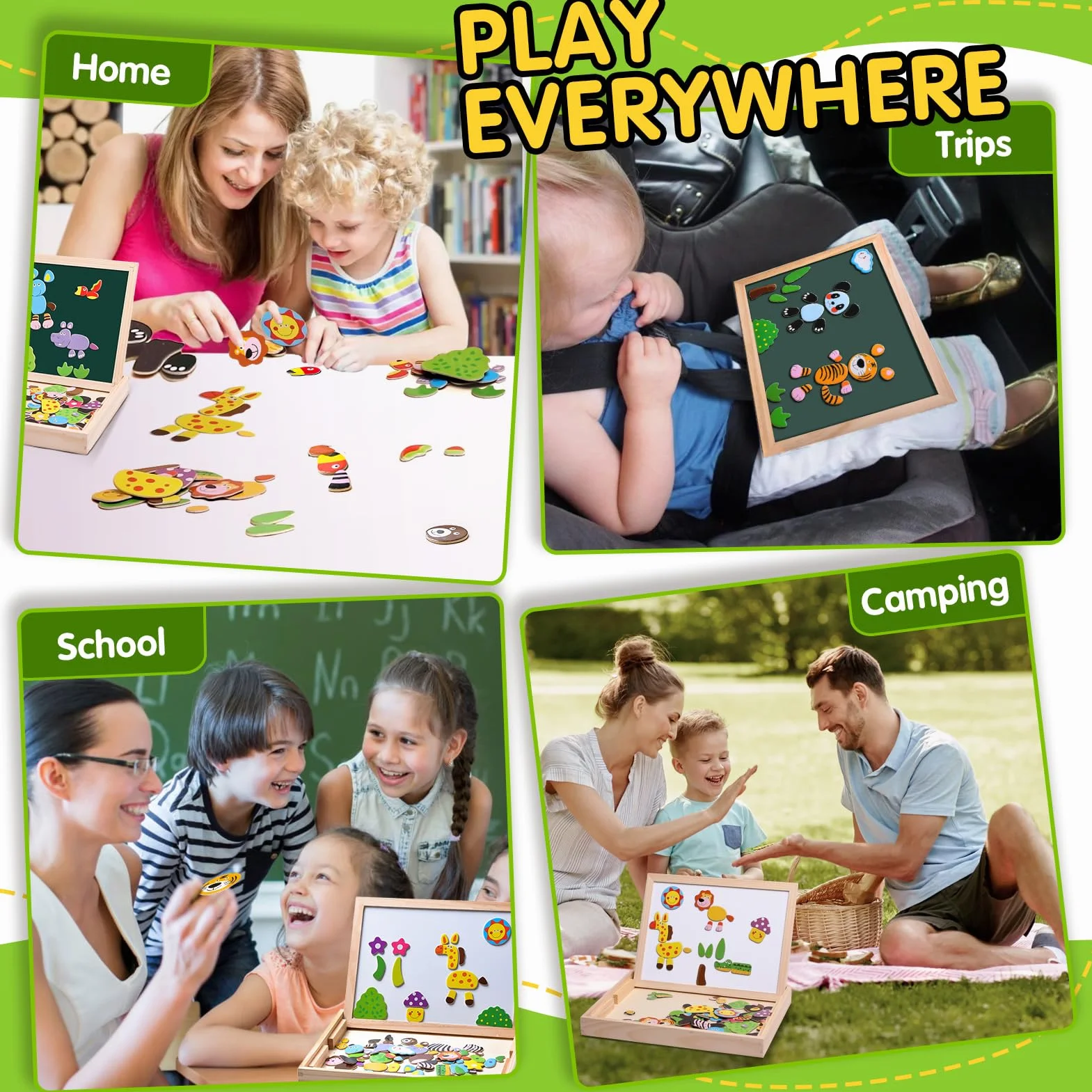 Magnetyczne Puzzle Drewniane 100 Elementów, Tablica Dwustronna Magnetyczna, Zabawka Edukacyjna dla Dzieci od 3 Lat