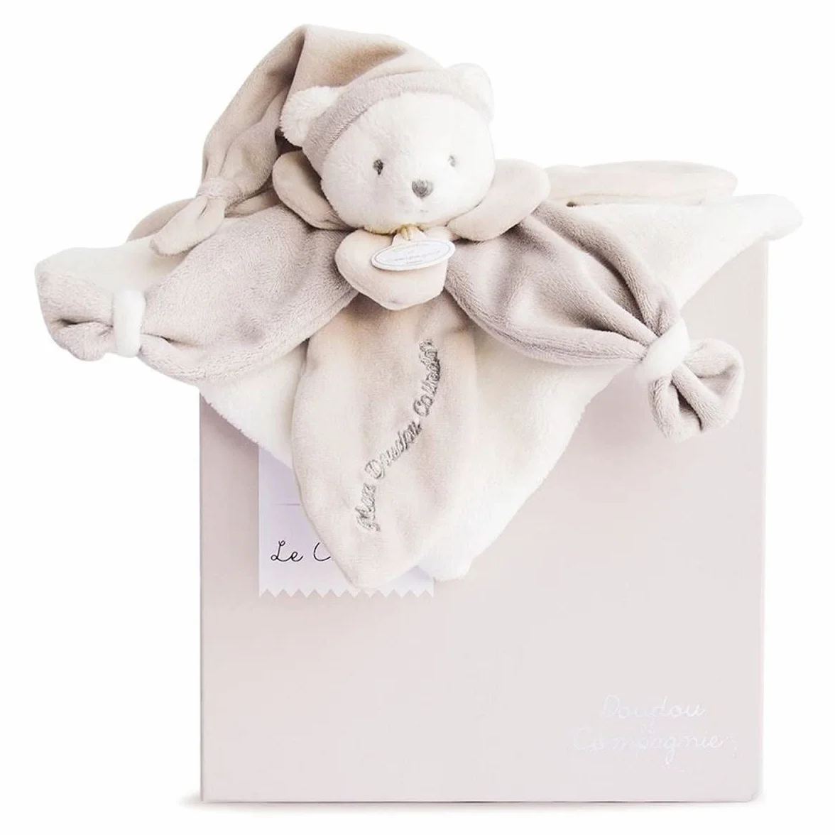 DOUDOU ET COMPAGNIE Doudou Plat Ours Collector Taupe 3 Couleurs au Choix Ourson avec Bonnet de Nuit Boite Cadeau Cadeau Naissance Bébé
