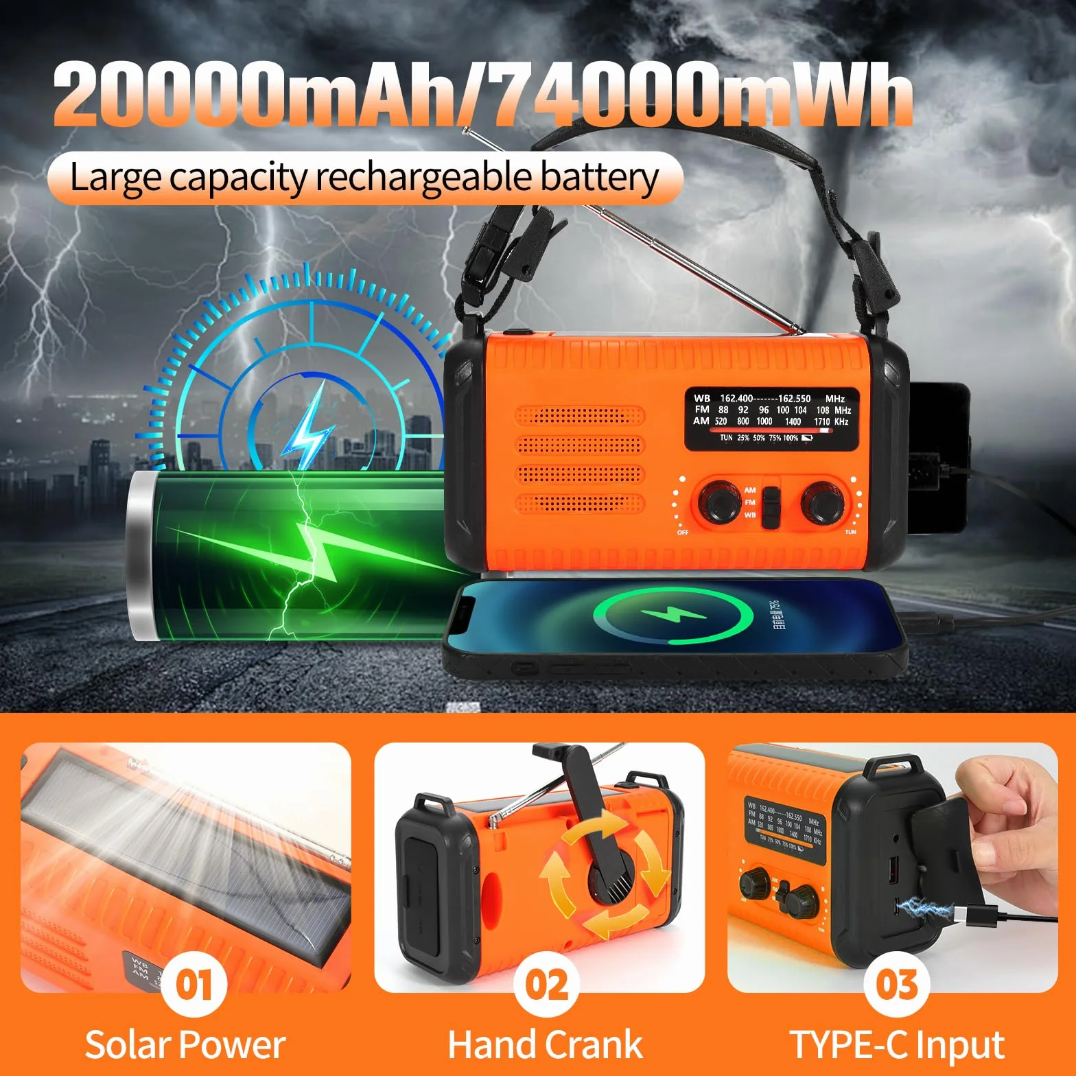 Radio de Secours à manivelle 20000 mAh NOAA AM FM Solaire Portable avec Lampe Torche SOS Orange