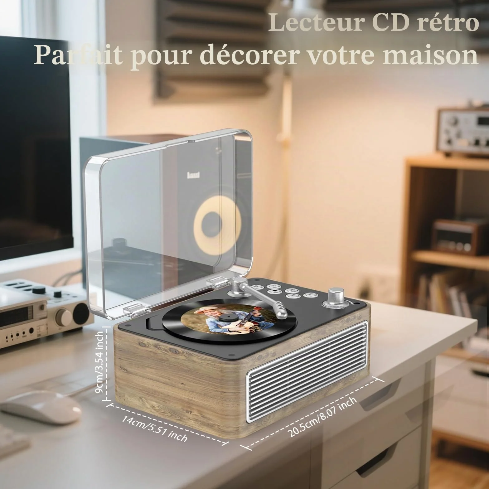 Lecteur CD Bluetooth Portable 3600mAh Rechargeable Vintage Bois de Chêne Radio FM avec Télécommande Prise USB AUX