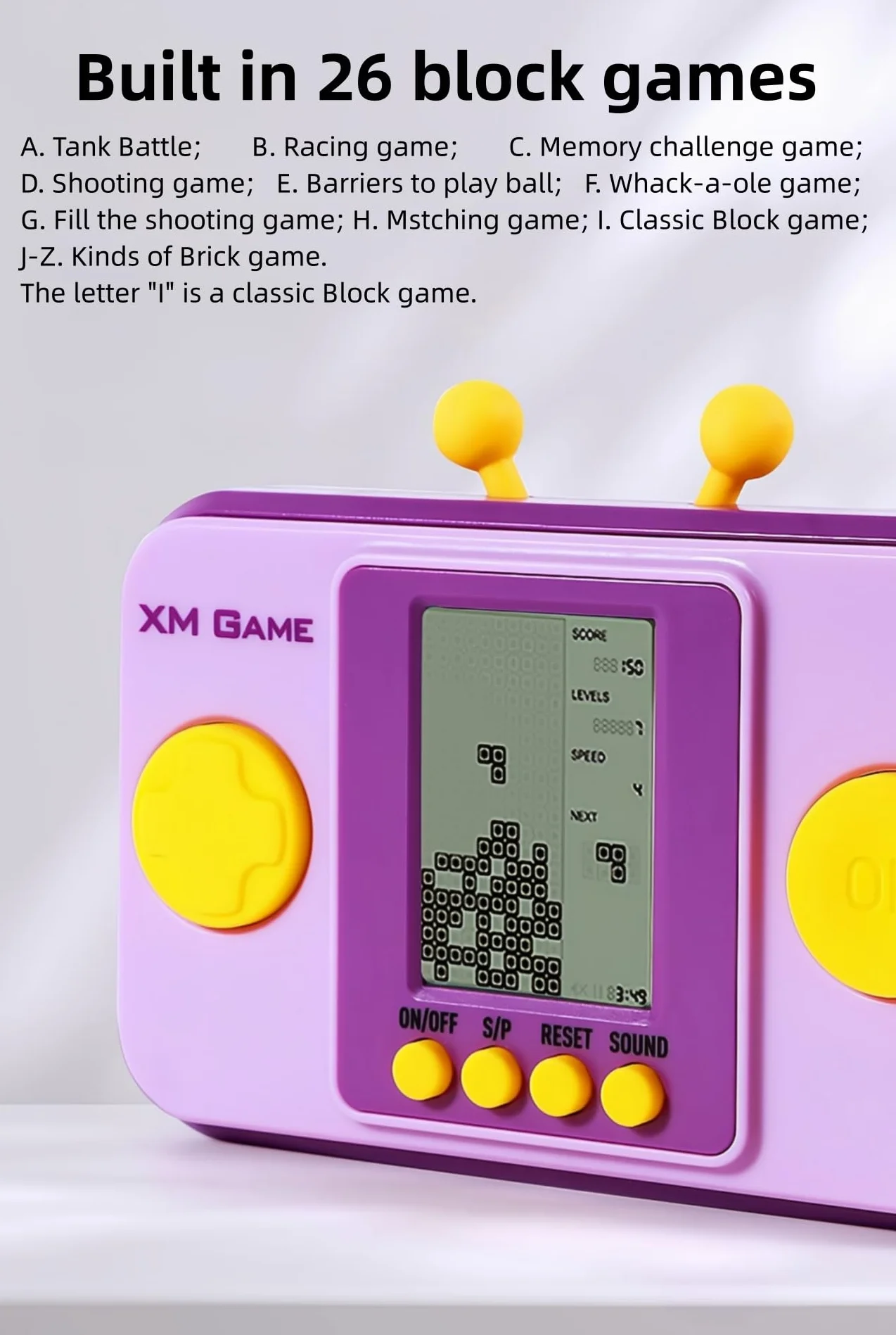 Console de Jeu de Briques Portable Rétro 26 Jeux Niveau/Vitesse Réglable Boutons Silicone Bataille de Chars Jouets électroniques Enfants Violet