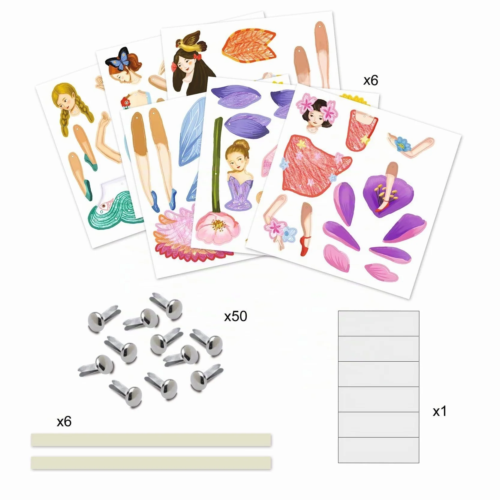 Djeco Set Créatif Fées Articulées à Colorier 5-8 Ans Coloriage Assemblage 6 Planches Pantins Fées Attaches Metal Stickers H19cm