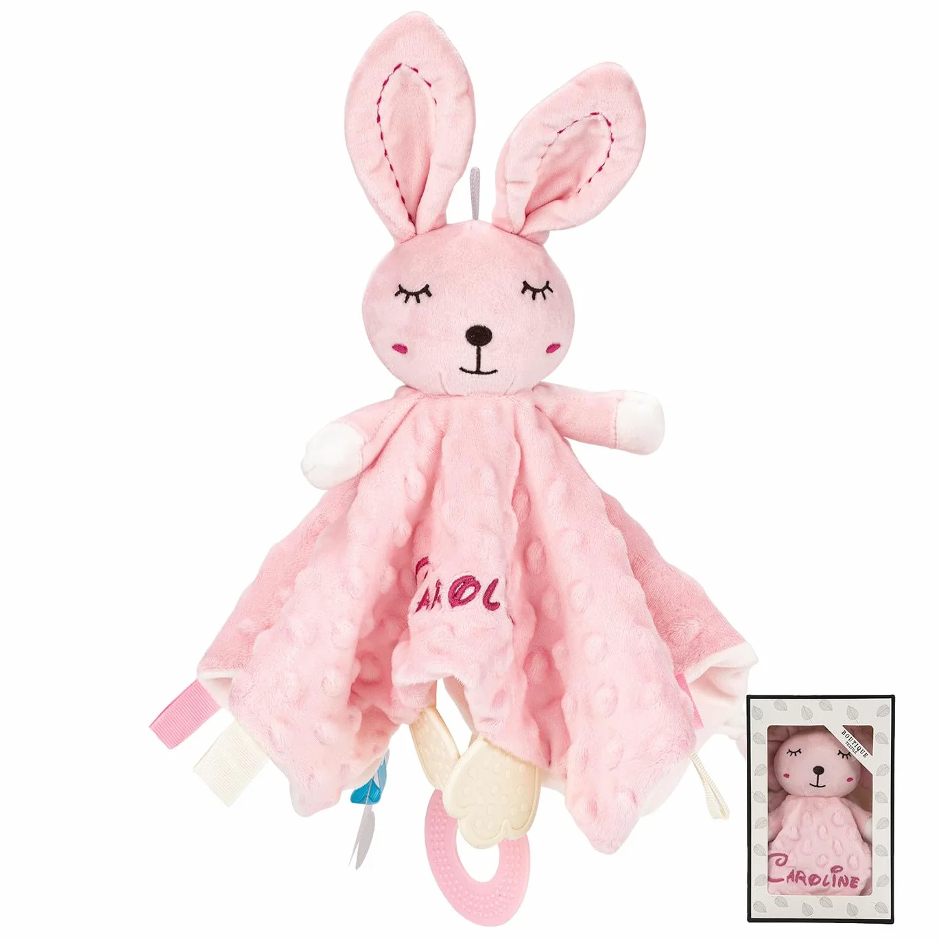 Serviette de Bébé Personnalisée avec Prénom, Couverture de Sécurité Lapin Rose, Cadeau Fille Garçon