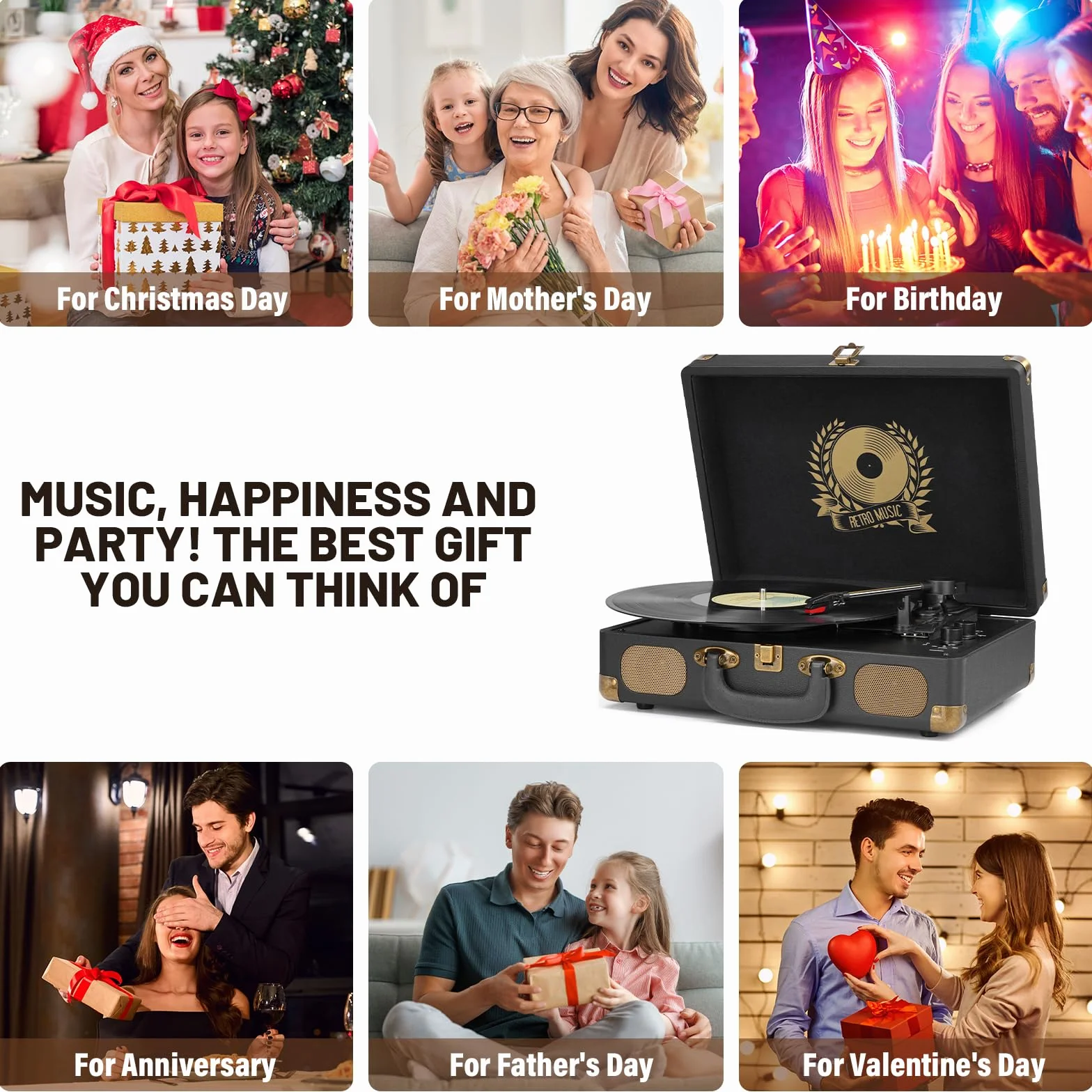 Mersoco Tourne-Disque Bluetooth Portable Vintage, Platine 3 Vitesses 33/45/78 TR/Min, Conversion USB vers MP3, Noir