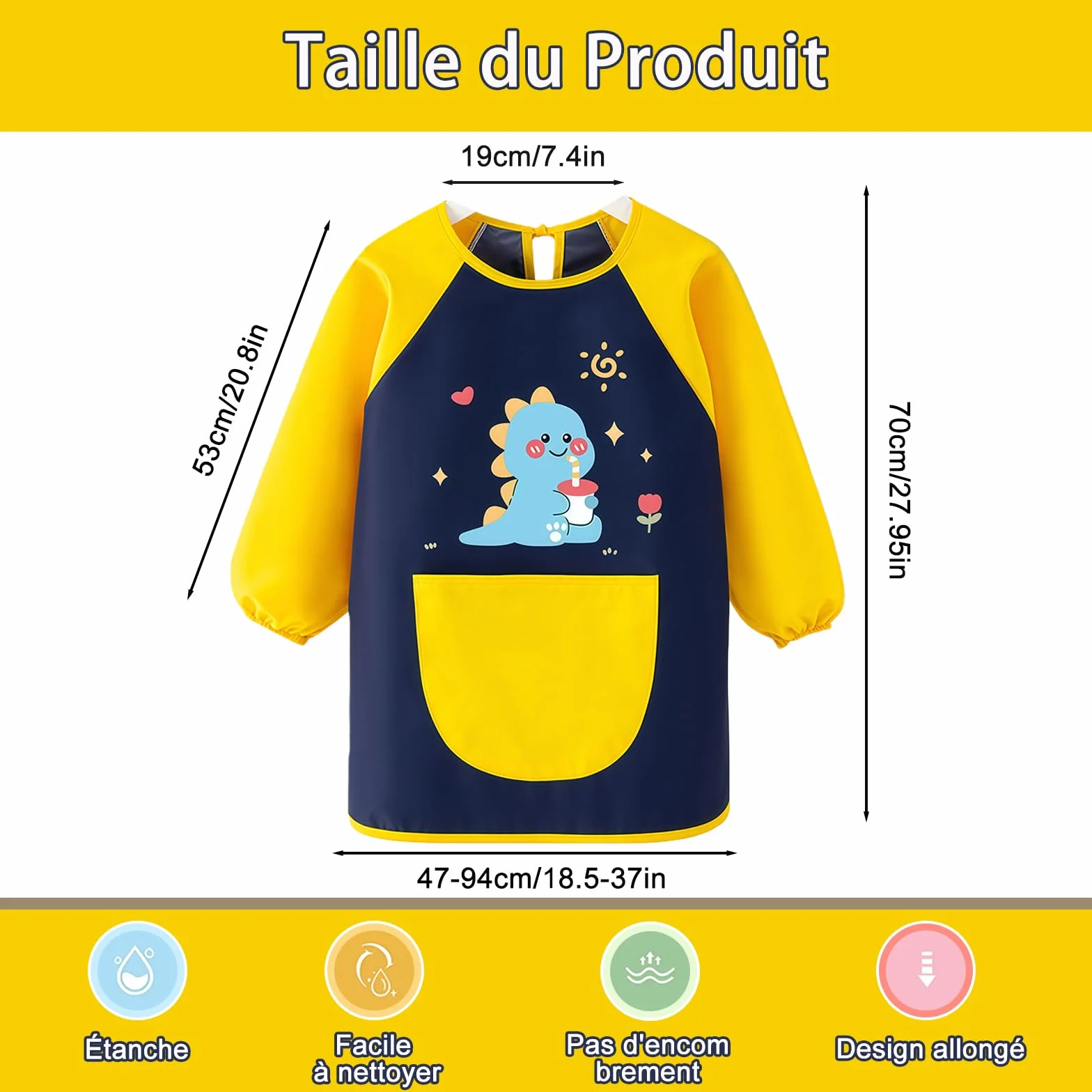 Tablier Peinture Enfant 3-8 Ans Imperméable avec Poches pour École Cuisine Garçon Fille Dinosaure