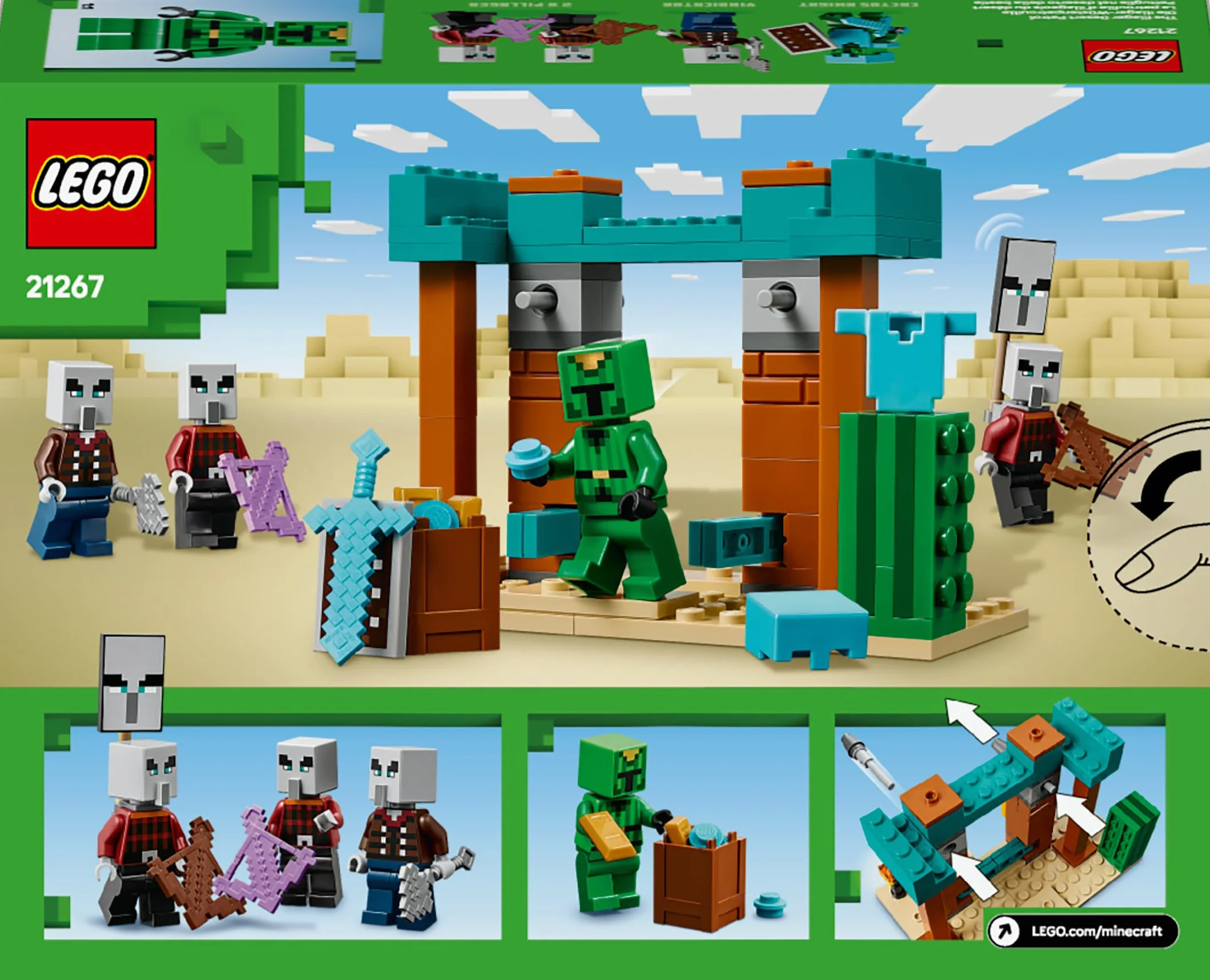 LEGO Minecraft La Patrouille d’Illageois du Désert 21267 Jouet de Construction Figurines Pillard Vindicateur Chevalier Cactus Cadeau 7 Ans