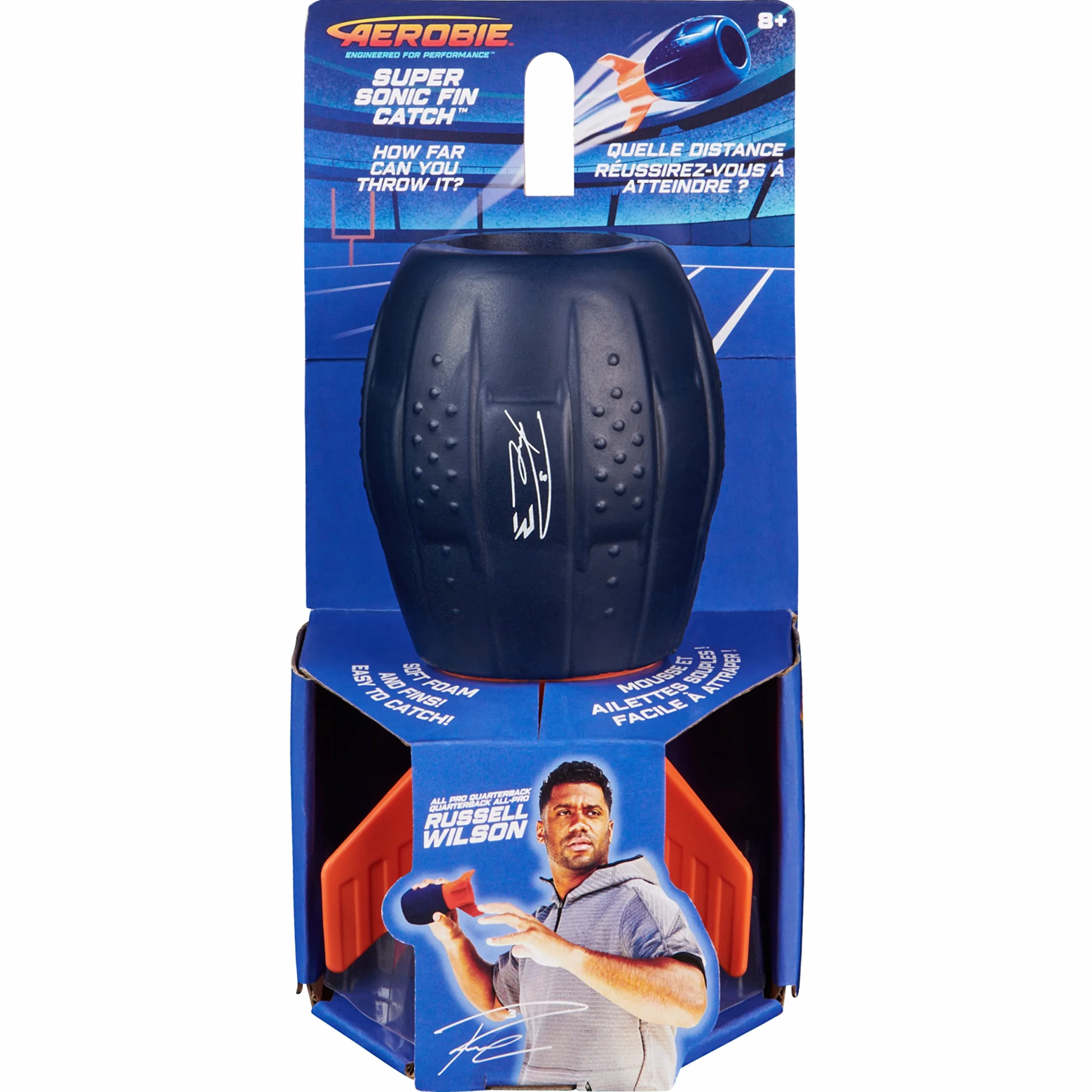 Aerobie Super Sonic Fin Catch Jouet de Football aérodynamique Russel Wilson Bleu/Orange pour Enfants 8 Ans+