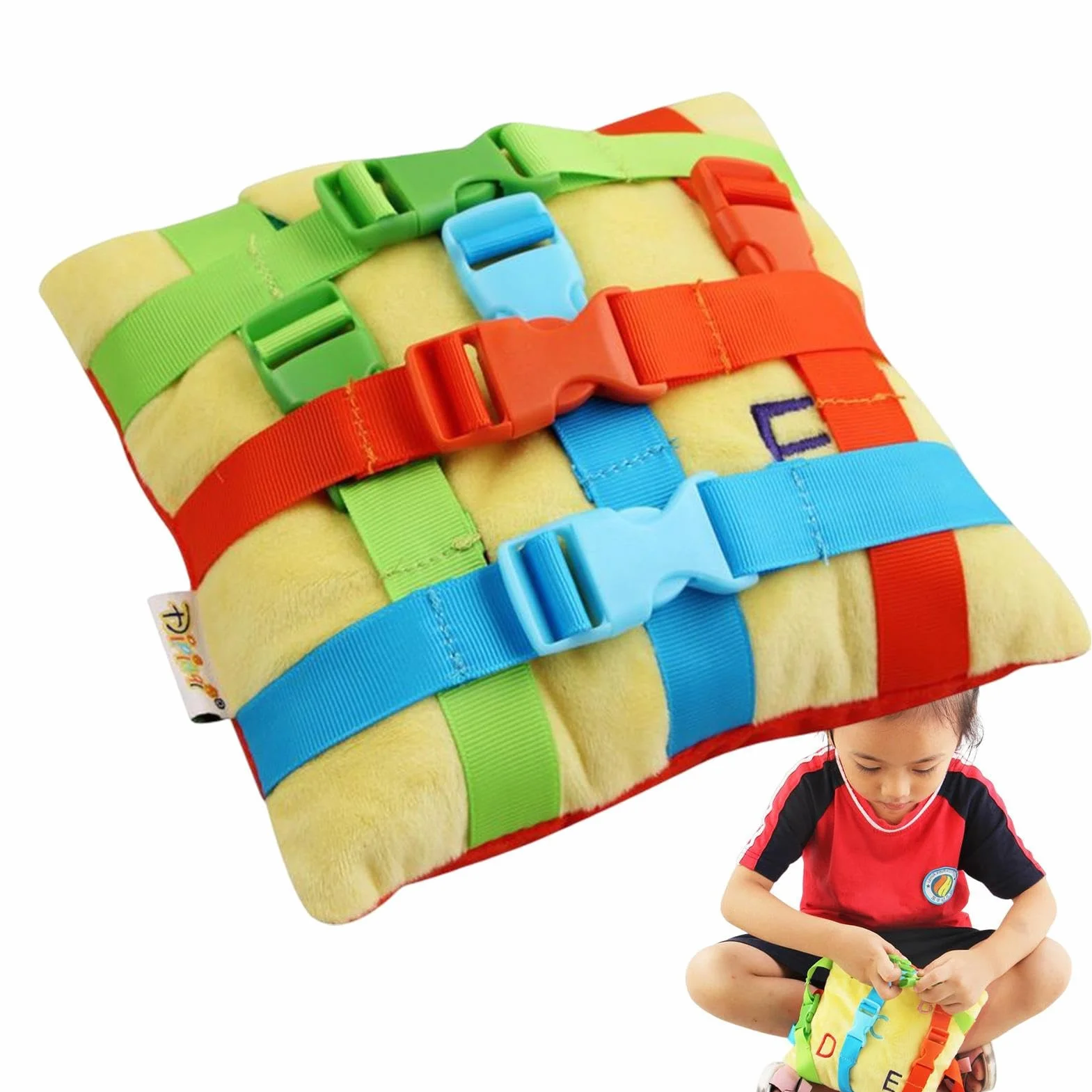 Jouet d’Oreiller à Boucle sensorielle d’Apprentissage précoce - Coussin éducatif en Peluche pour le développement de la motricité fine des Tout-Petits