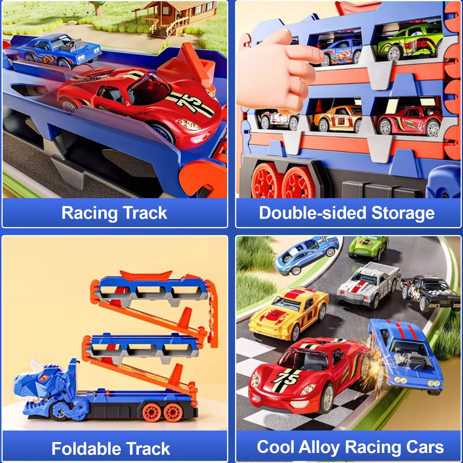 Camion Dinosaure Jouet Transporteur avec 12 Voitures et 160cm Pistes Pliables pour Garçons 2-6 Ans