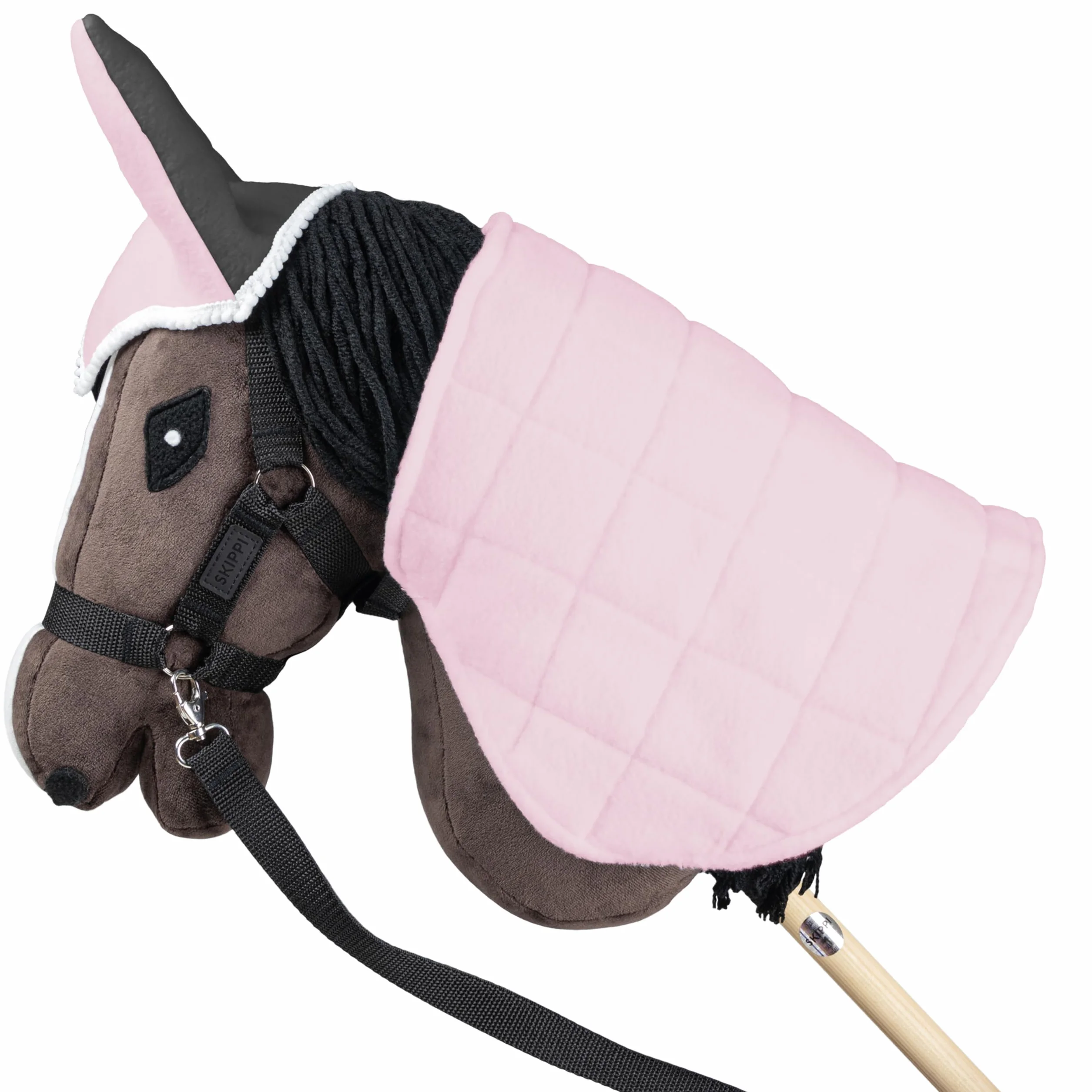SKIPPI Couverture Réversible et Bonnet Anti Mouches pour Hobby Horse - Rose et Gris, Accessoire Tête de Cheval