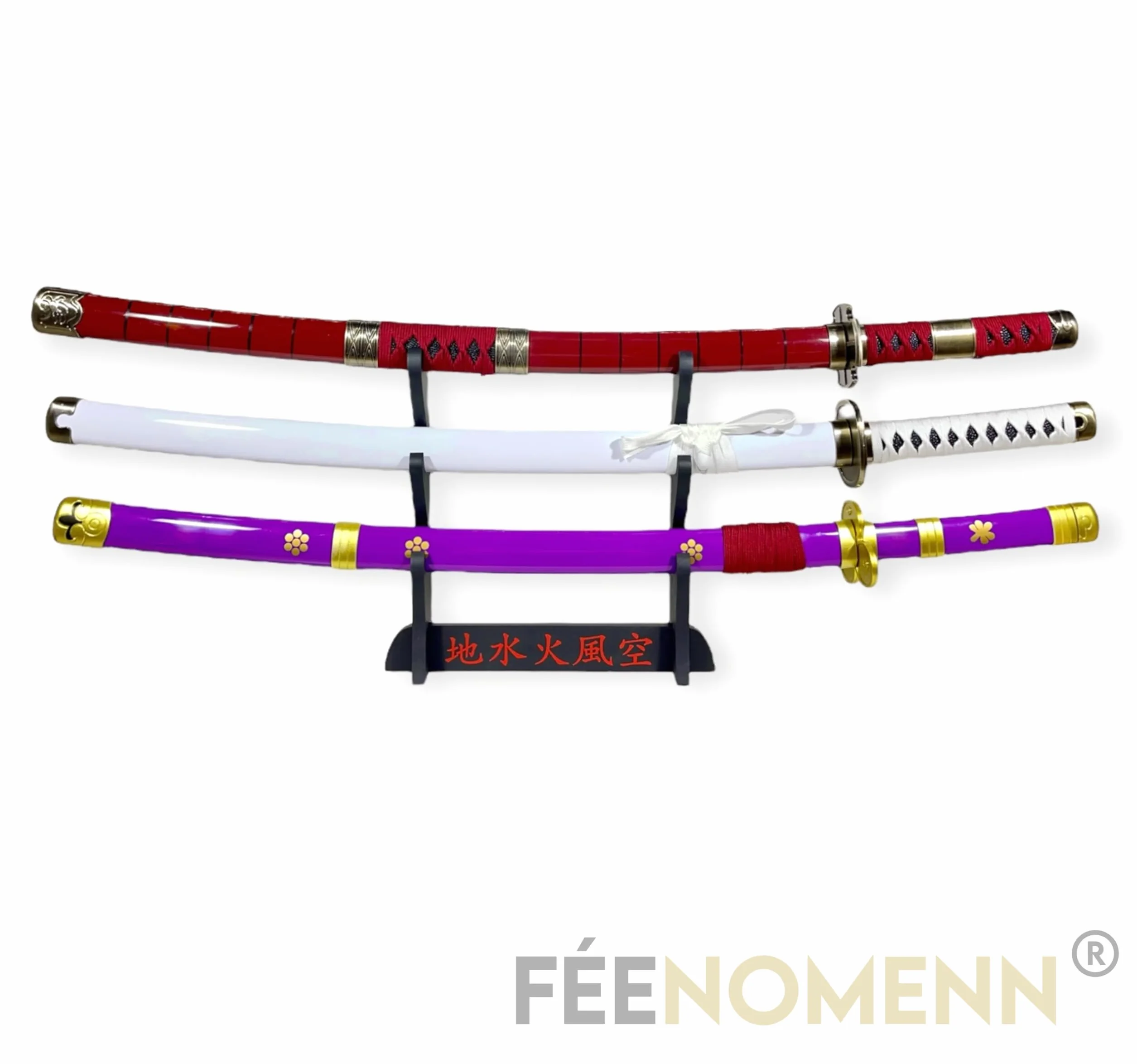 FÉENOMENN Katana One Piece Pack Zoro 3 Epées ENMA WADO ICHIMONJI SANDAI KITETSU Lame Bois Support Japonais