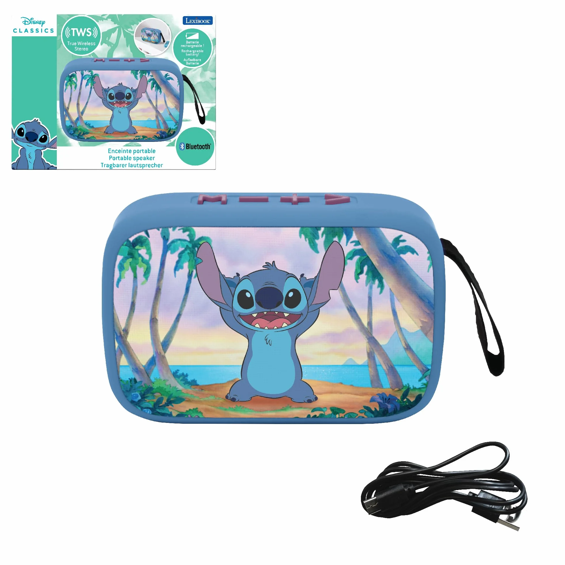 Lexibook Disney Stitch Enceinte Portable Bluetooth USB-C Carte SD/TF Batterie Rechargeable Bleu BT018D
