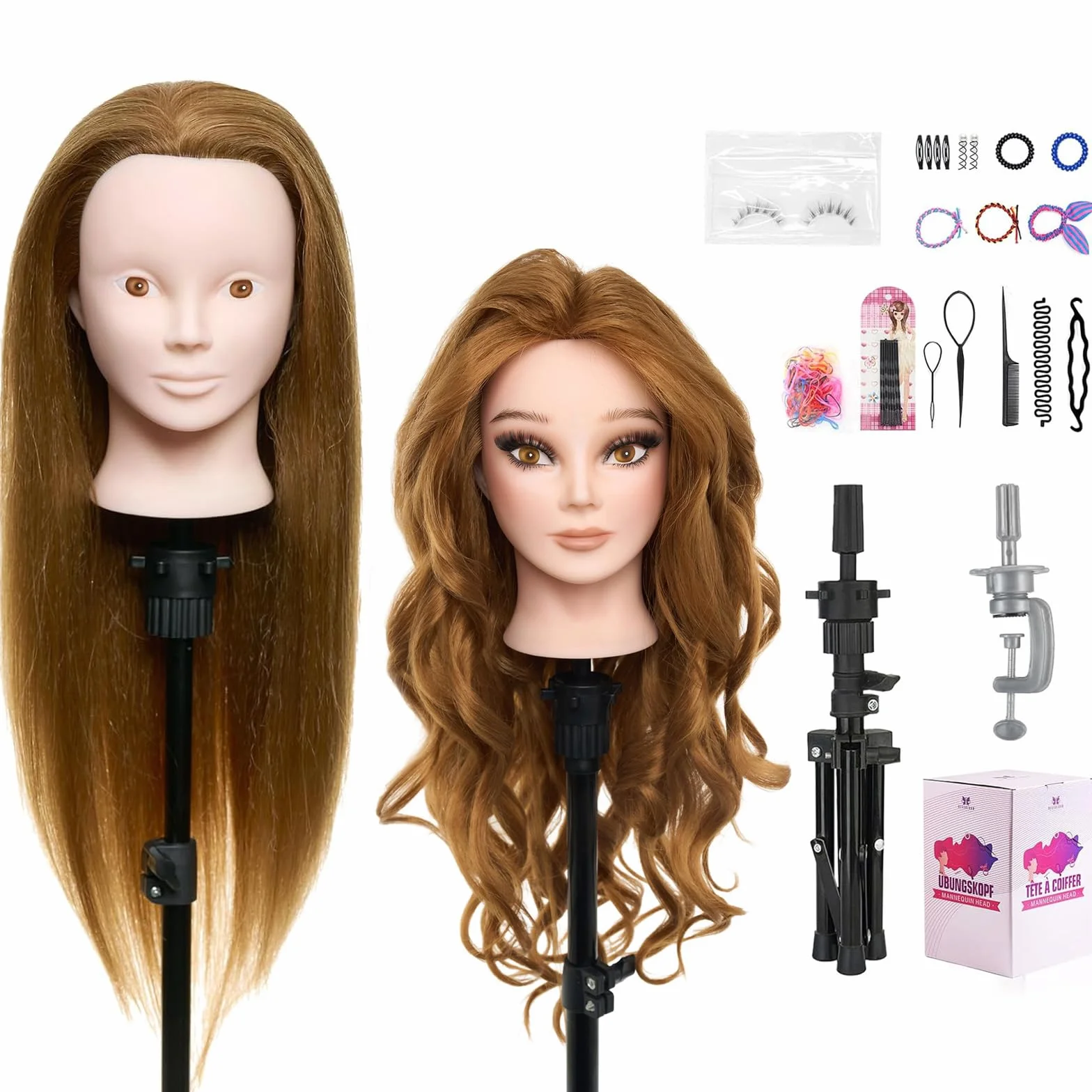 Neverland 24" Tete a Coiffer Professionnelle avec Support Tête de Maquillage 80% Cheveux Naturel Tête de Coiffure