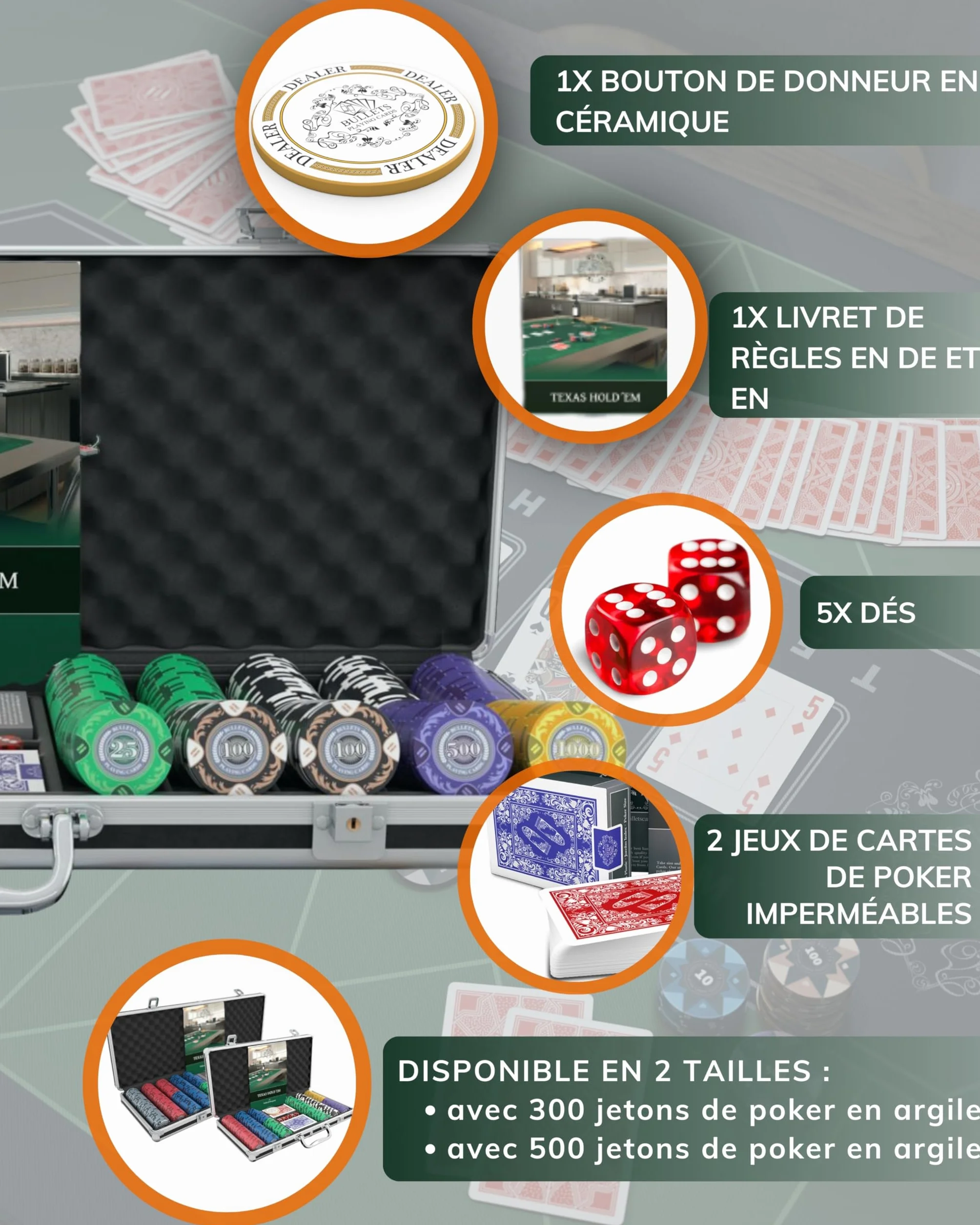 Bullets Playing Cards | Mallette de Poker 500 Jetons Clay 14g – Coffret Complet avec Cartes, dés et Bouton Dealer en céramique – Design Tony
