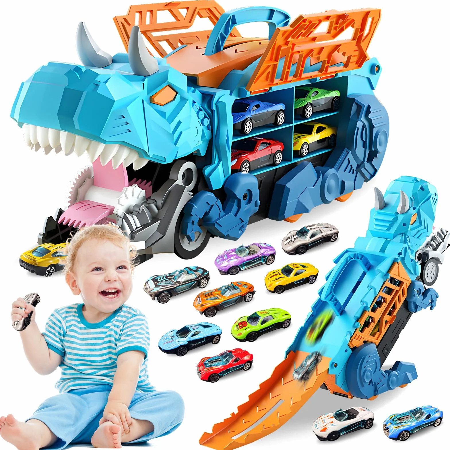 Pardofelis Camion Transporteur Voiture Dinosaure Jouet Portable avec Piste de Course Éjectable 10 Mini Voitures pour Enfants 3-6 Ans Garçons Cadeau