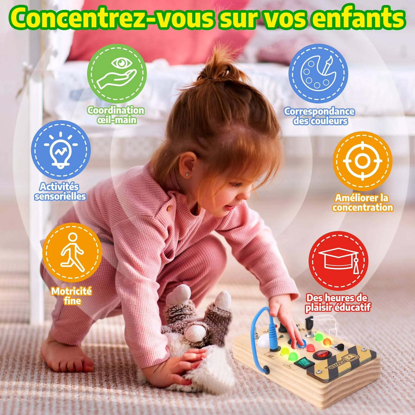 Hoarosall Montessori Busy Board en Bois avec Interrupteur Lumineux LED Jeux Educatif pour Enfant 1 2 3 Ans