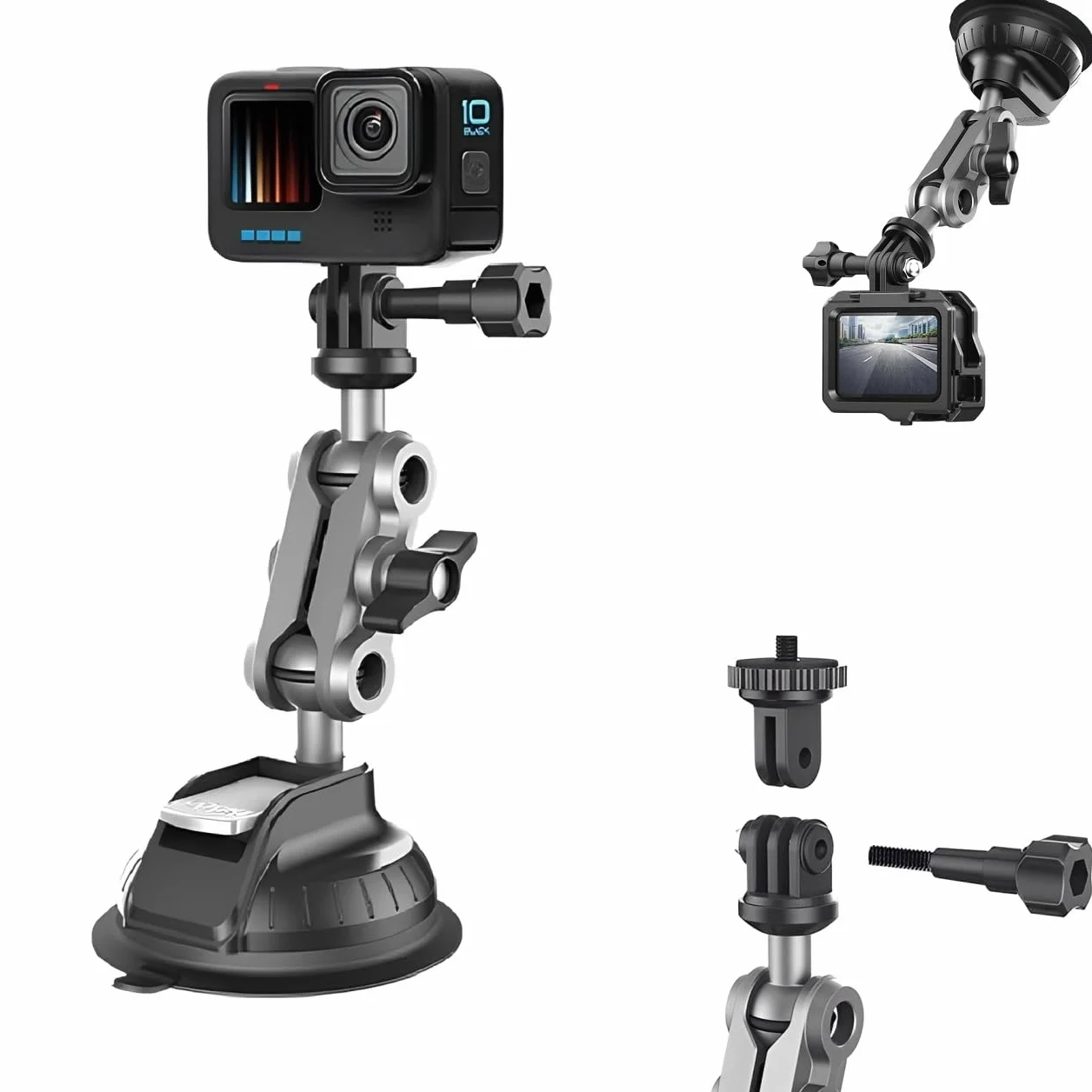 Support de Voiture à Ventouse pour GoPro Hero 13/12/11, Double Rotule 360°, Vis 1/4 Pouce, Compatible Insta360 X5/X4, DJI Osmo Action