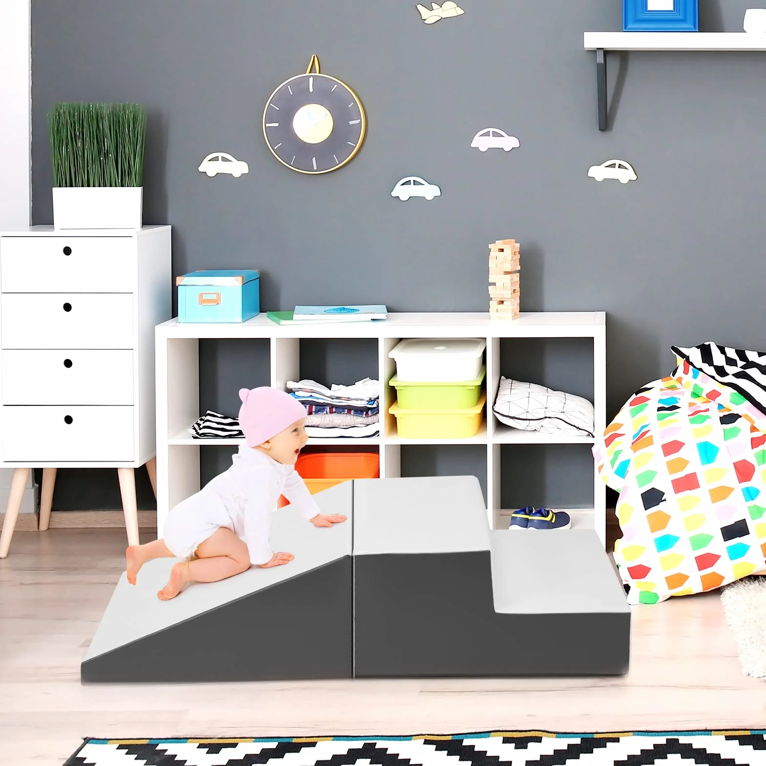 DREAMADE Modules de Motricité pour Enfant, Blocs de Construction en Mousse avec Escalier et Toboggan, Jouets Éducatifs 3+ Ans (Blanc, Gris)