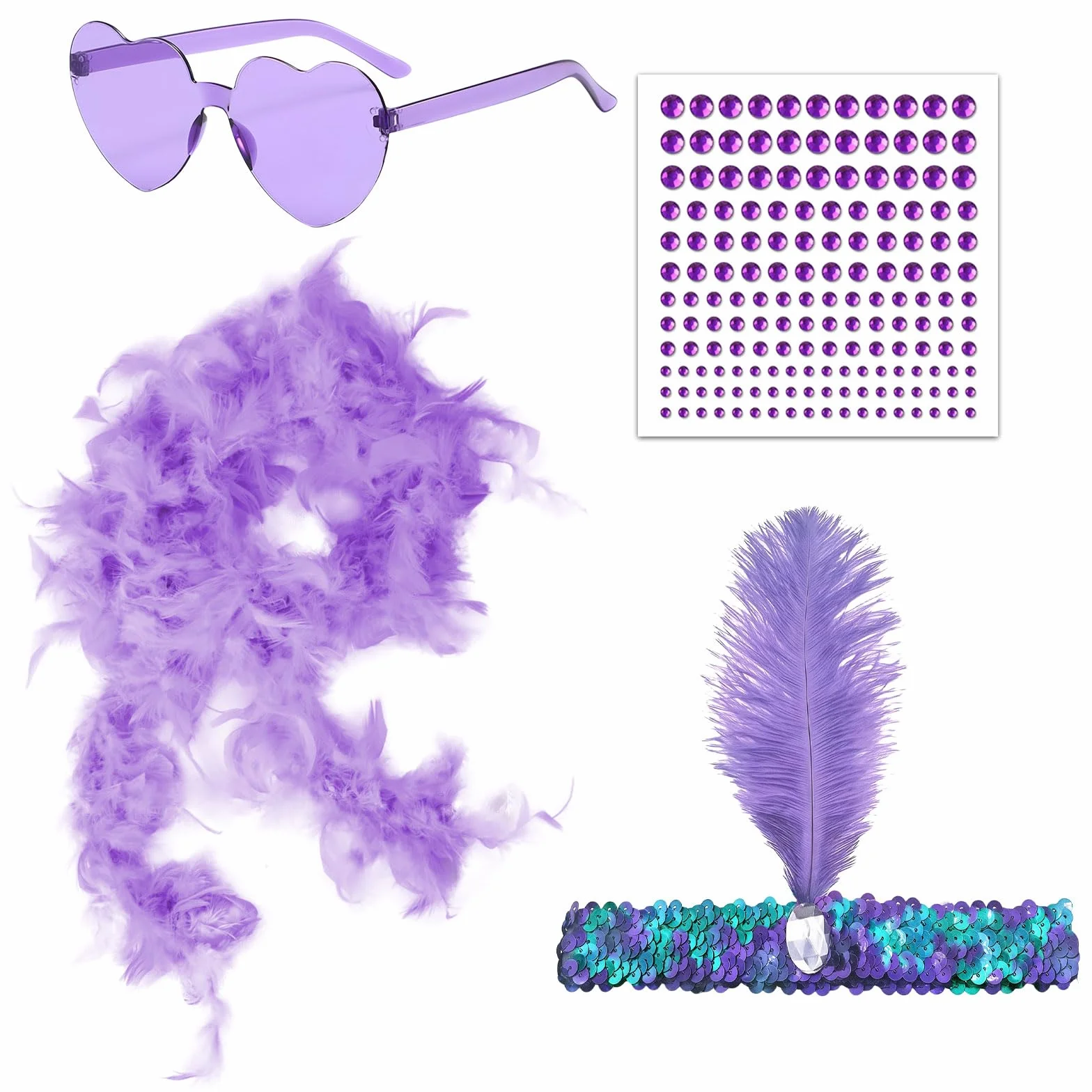 Boa à Plumes en Forme de Cœur, Lunettes de Soleil Sans Monture Strass, Bandeau Cheveux pour Halloween Noël Cosplay
