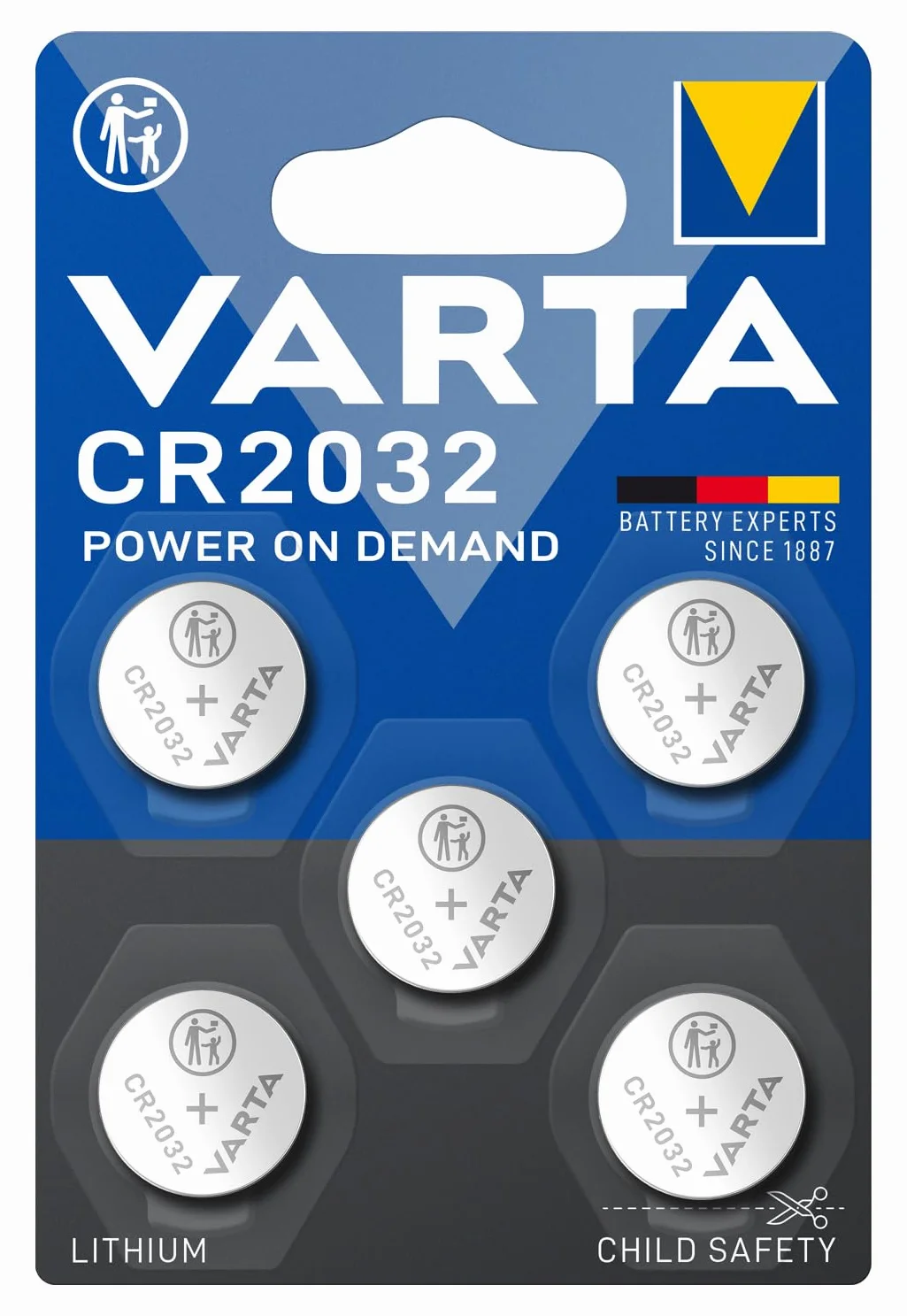 VARTA Piles Bouton CR2032, lot de 5, Lithium 3V, emballage sécurisé pour les enfants