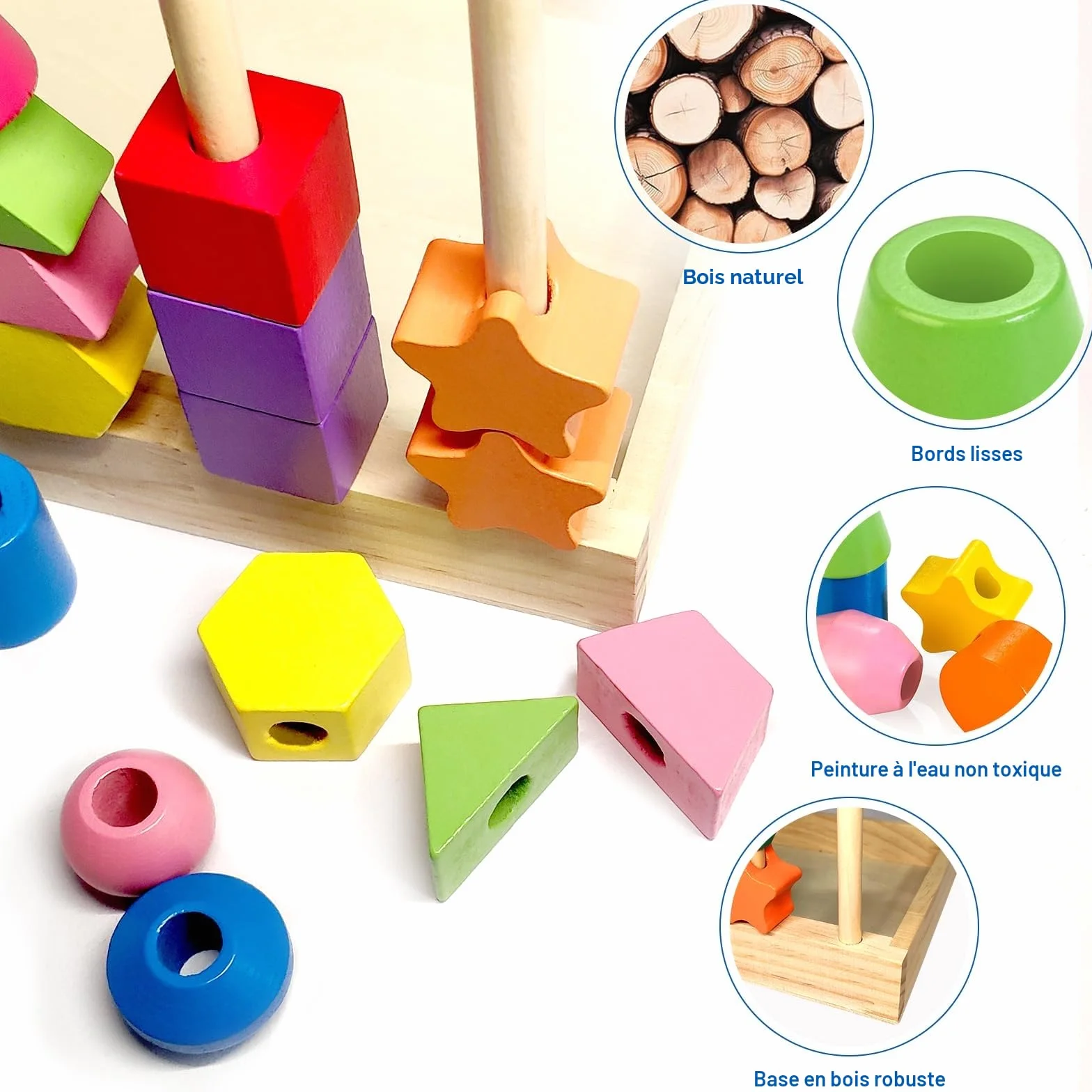 Jeux Montessori 3 en 1 Jouets de Perles de Laçage en Bois, Empilable et Enfiler, Tri, Éducatif 2-5 Ans
