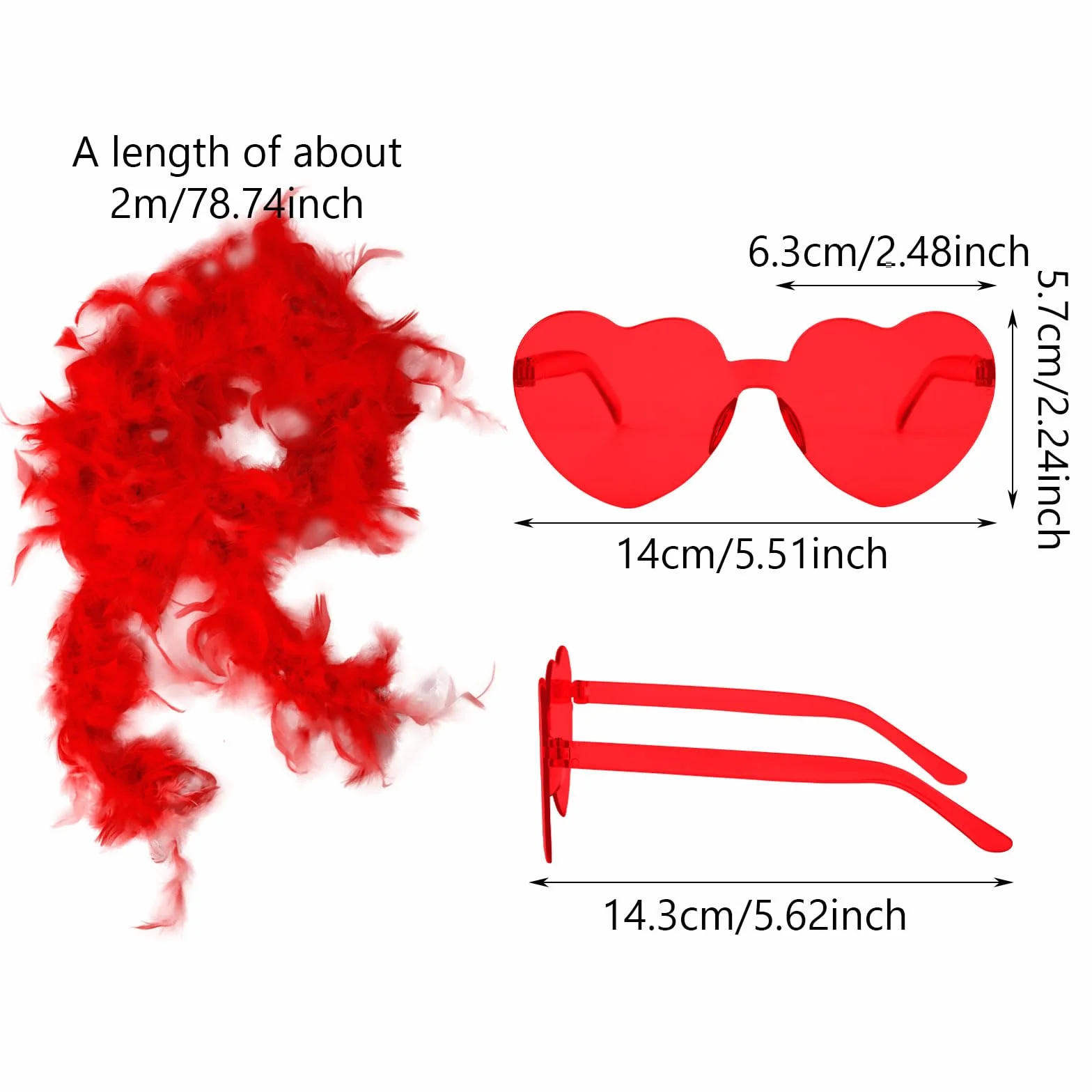 Lot de 2 boas en plumes artificielles avec lunettes en forme de cœur, décorations pour accessoires de danse - 2 m