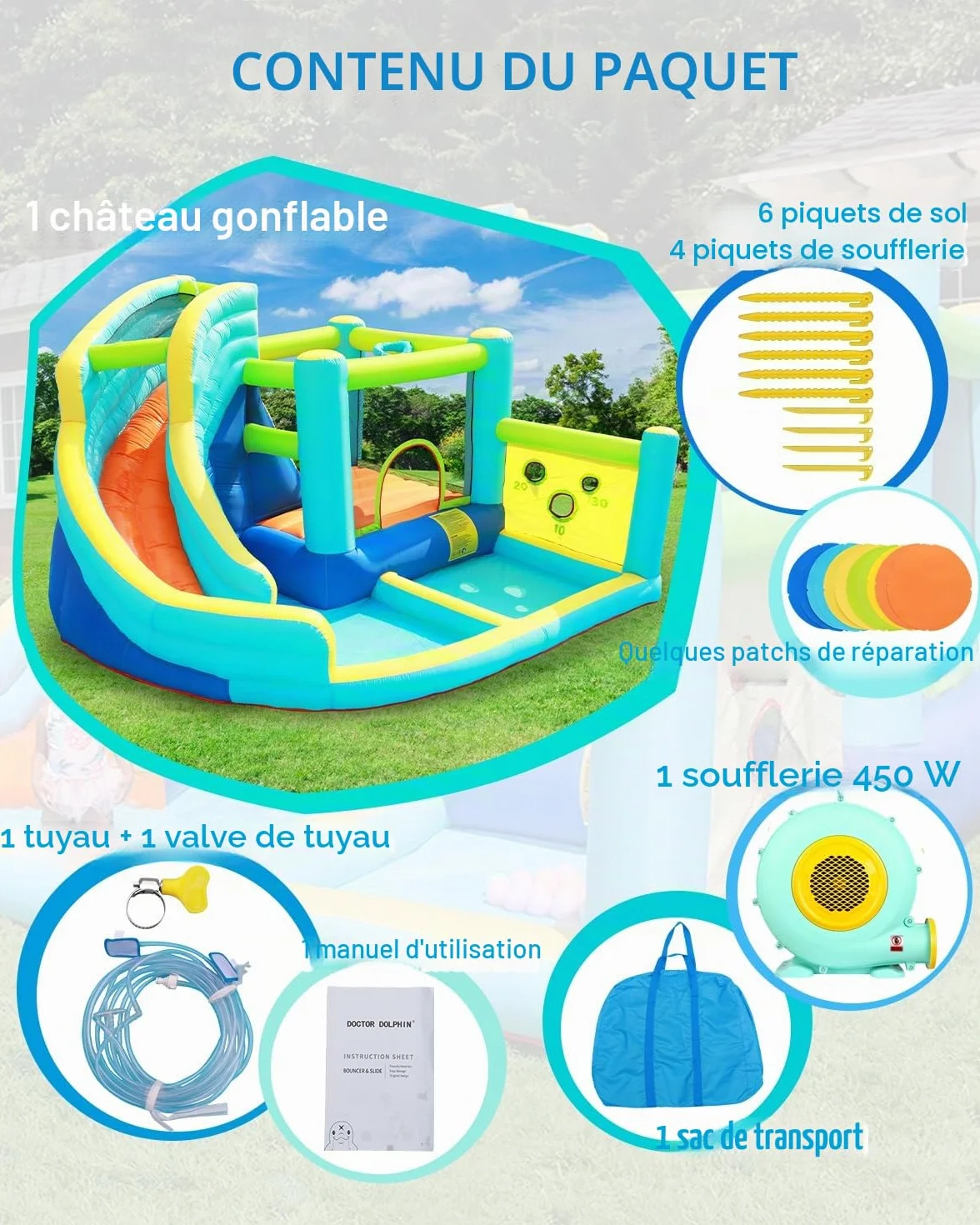 Château Gonflable Parc Aquatique pour Enfants avec Toboggan Trampoline Pataugeoire Mur d'escalade Panier de Basket Grand Jardin Extérieur 4 Enfants