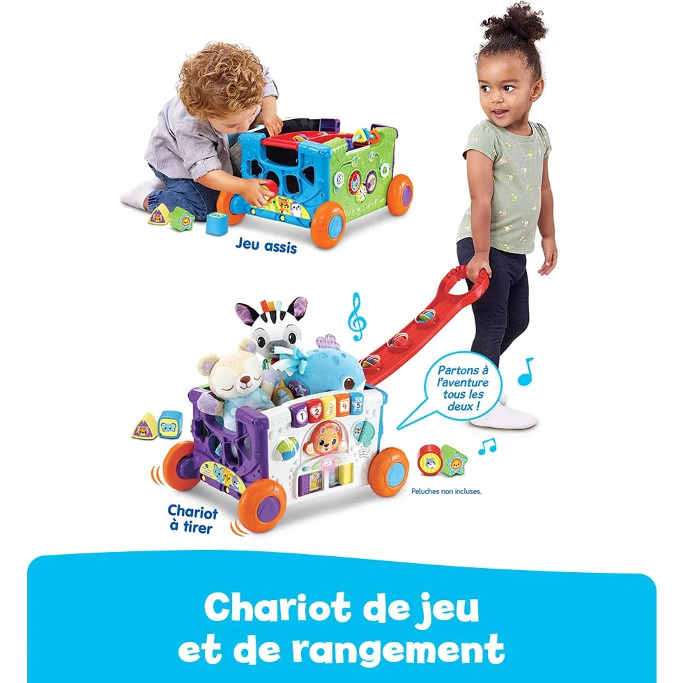 VTech Super Chariot Interactif Multi-Activités, Chariot Enfant à Tirer avec Trieur de Formes, Jeux d’Éveil, Bac à Jouets Musical, Cadeau Bébé 1 an