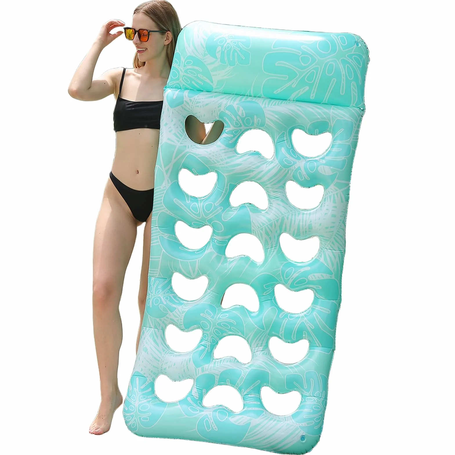 Flotteur De Repos pour Piscine Gonflable avec Tête Intégrée Radeau Imperméable Motif Feuille