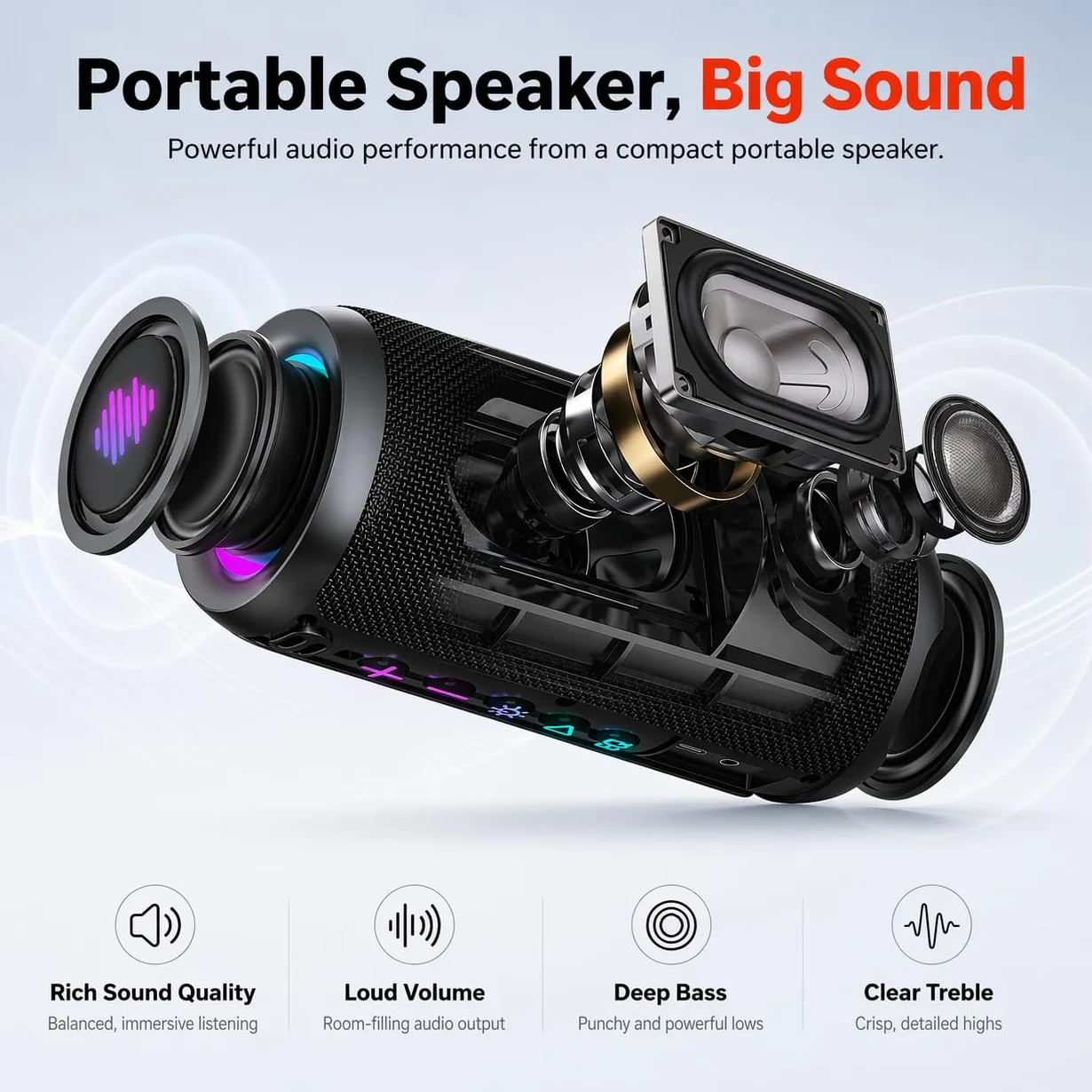 Enceinte Bluetooth 5.4 sans Fil 30W IPX7 Autonomie 30H Son Surround 360° TWS Noir