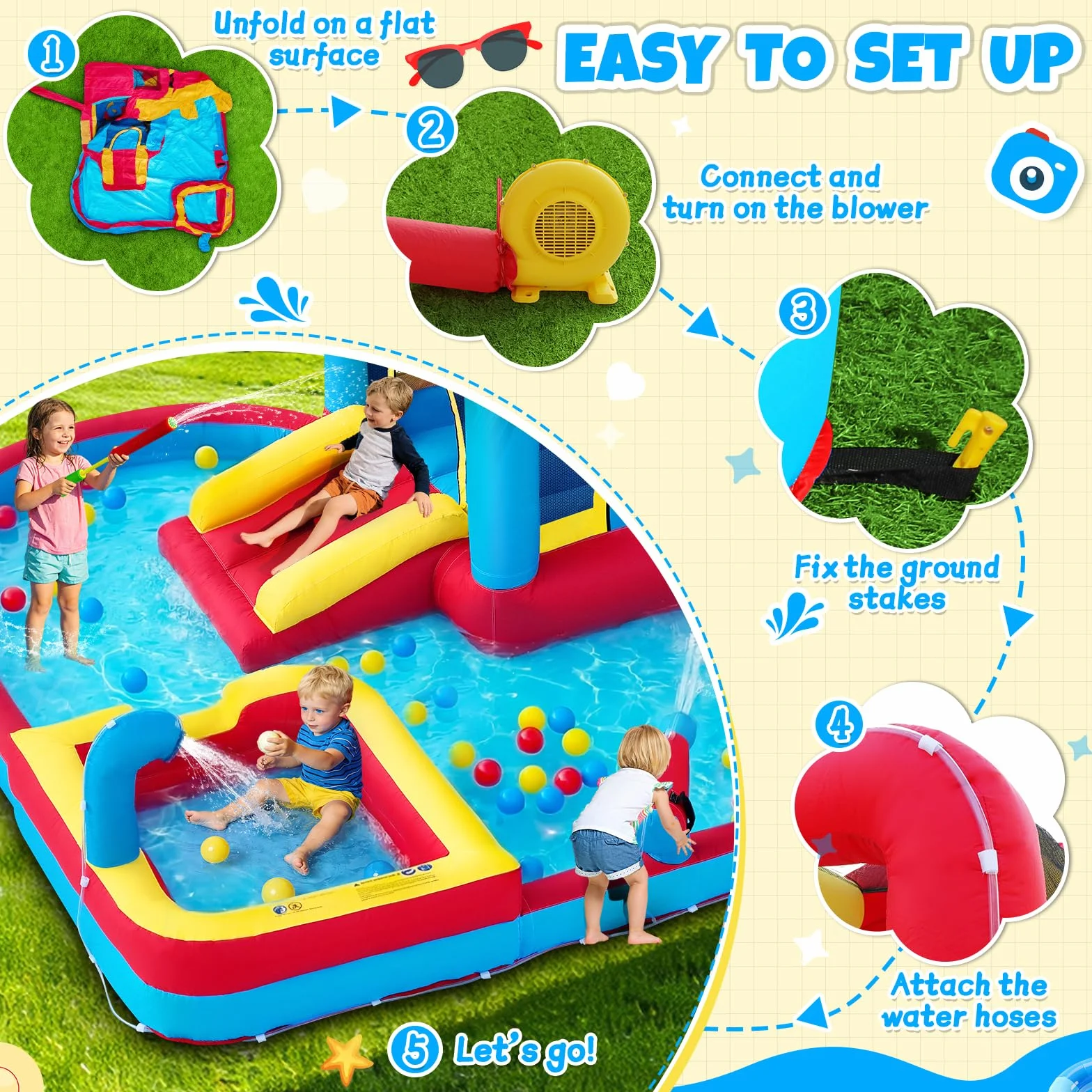 Château Gonflable pour Enfants 8-en-1 avec Souffleur 480W, Toboggan, Mur d'escalade, Trampoline et Pataugeoire