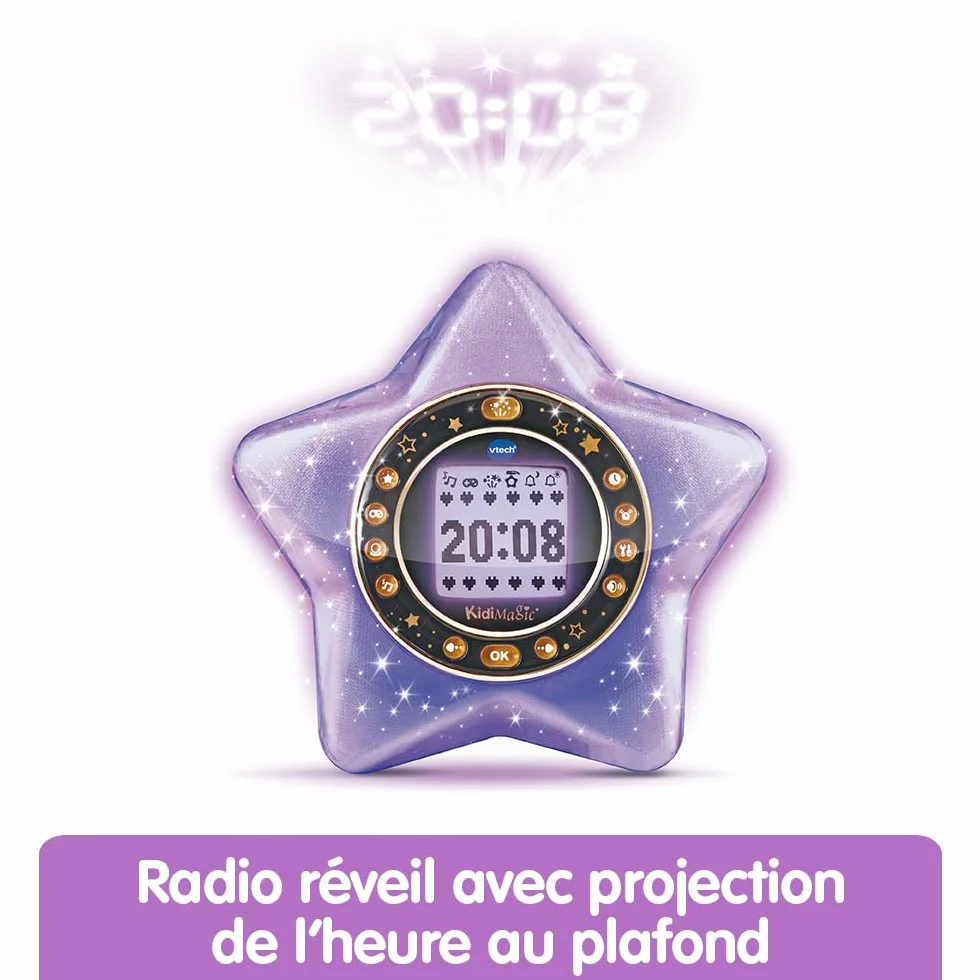 VTech KidiMagic Starlight Violet Radio Réveil Enfant 9 en 1 Étoile Effets Lumineux Projection Heure Plafond Enceinte Jeux Cadeau 6-12 Ans Français
