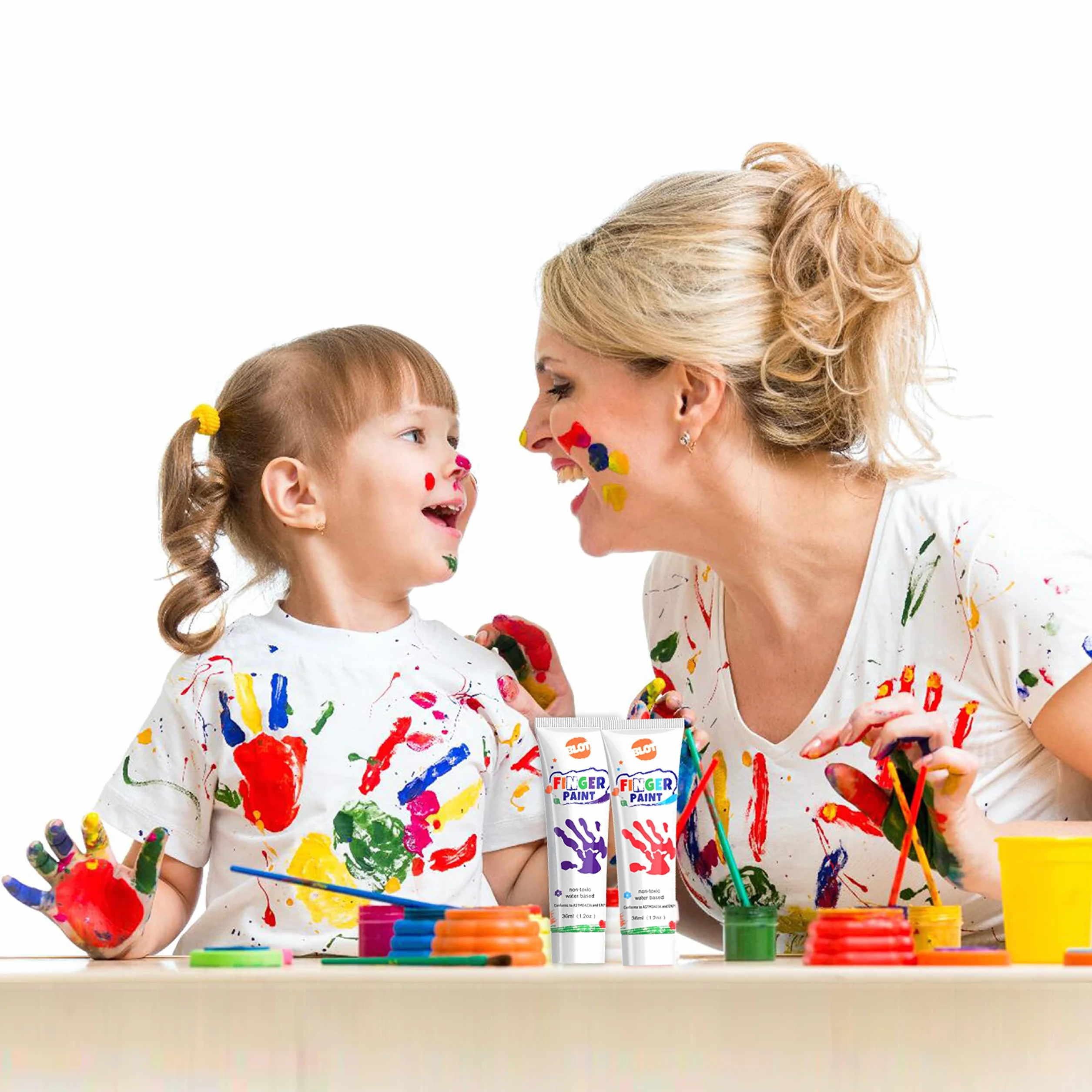 Peinture au Doigt Lavable Non Toxique Kit avec Éponge Pinceaux Palette pour Enfant Apprentissage Précoce