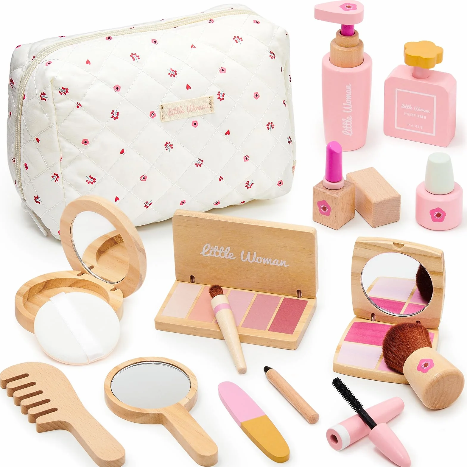 Coffret Maquillage Enfant Fille en Bois Jouet Maquillage Malette Accessoires Jeux Princesse Cadeau 3-8 Ans