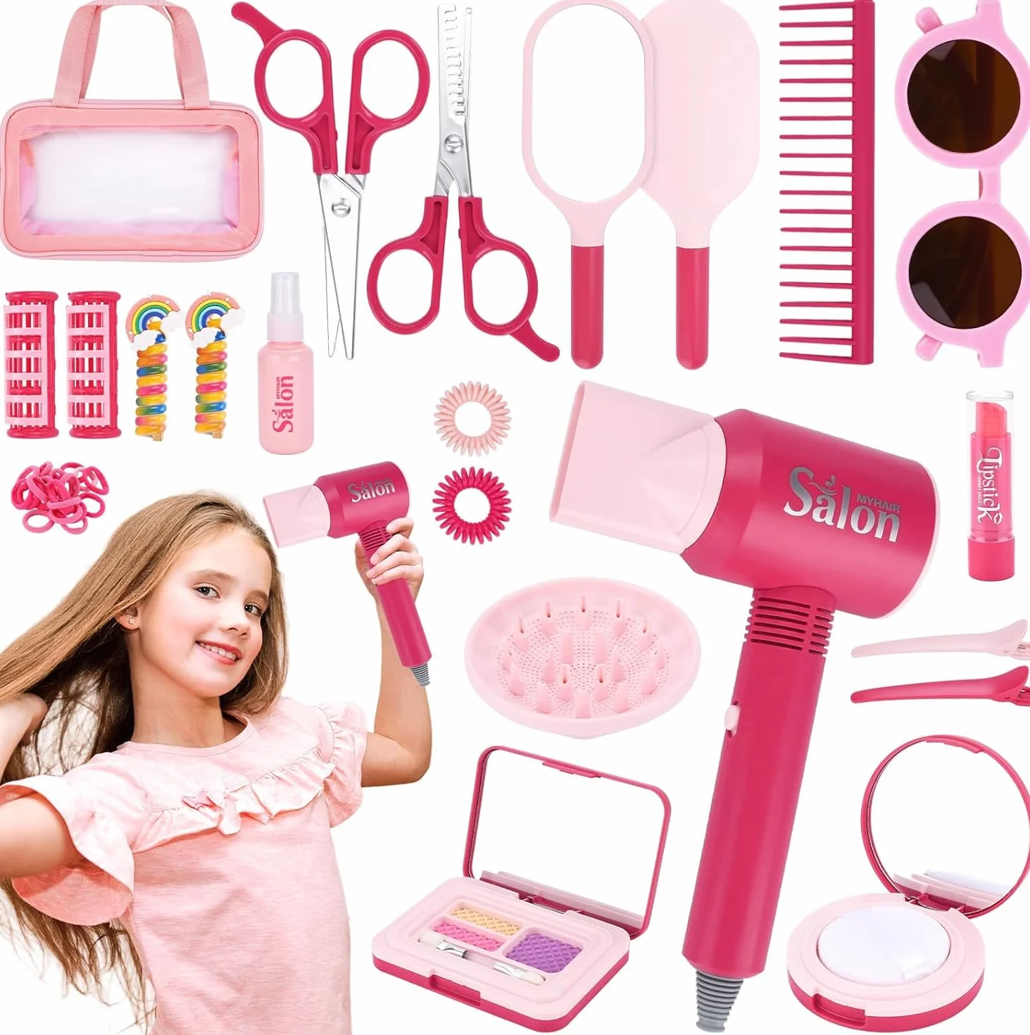 Ensemble de Salon de Beauté 41 Pièces Jouets de Coiffure pour Enfants avec Sèche-Cheveux Ciseaux Accessoires Styliste