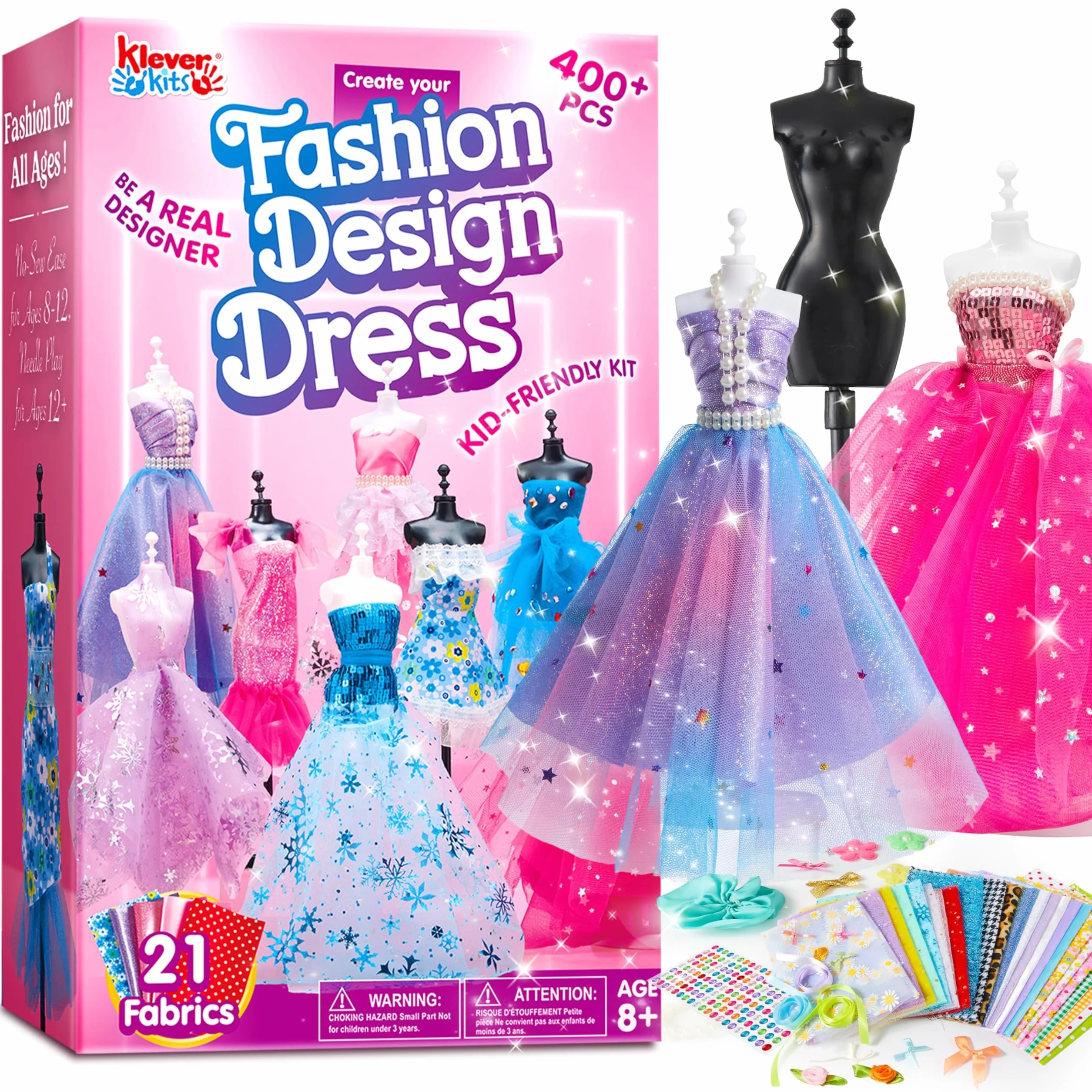 Klever Kits 400+PCS Artisanat de Design de Mode pour Enfants Art et Artisanat Jouet Bricolage Couture avec 3 Mannequins