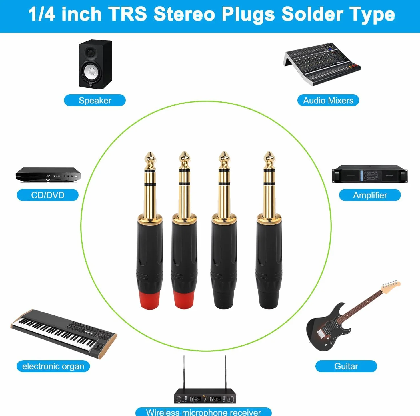 RUNCCI-YUN 6.35mm TRS Jack stéréo Audio Souder Connecteur plaqué or pour câbles guitare microphone