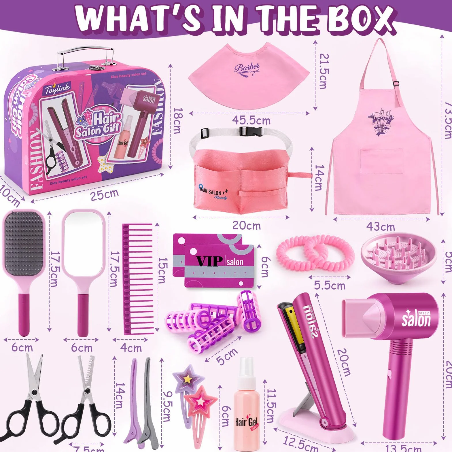 Kit Coiffure Enfant Fille Jouet avec Sèche-Cheveux Lisseur Miroir Peigne Ciseaux Tablier Coiffeur Malette Accessoires Coiffure Salon Beauté Jeu Rôle Cadeau 3-7 Ans