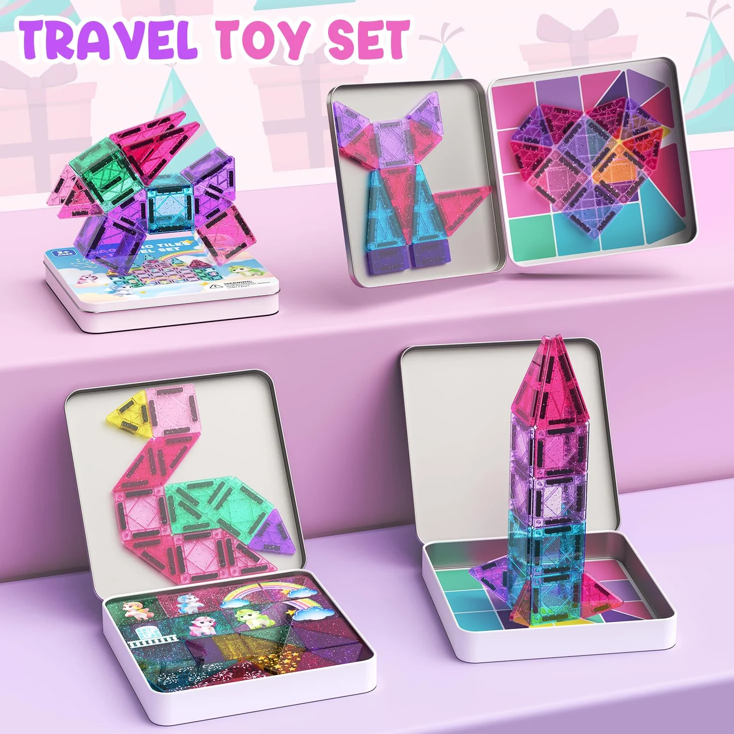 ACELIFE Lot de 60 blocs de construction magnétiques Montessori - Jouets magnétiques pour enfants - Kit de voyage STEM - Carreaux magnétiques portables