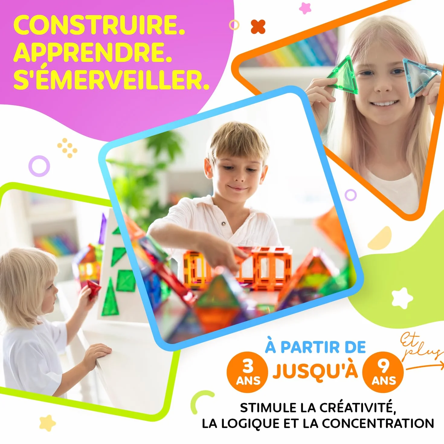 Blocs Magnétiques 120 Pièces avec 2 Voitures Jeu de Construction Enfant 3 Ans