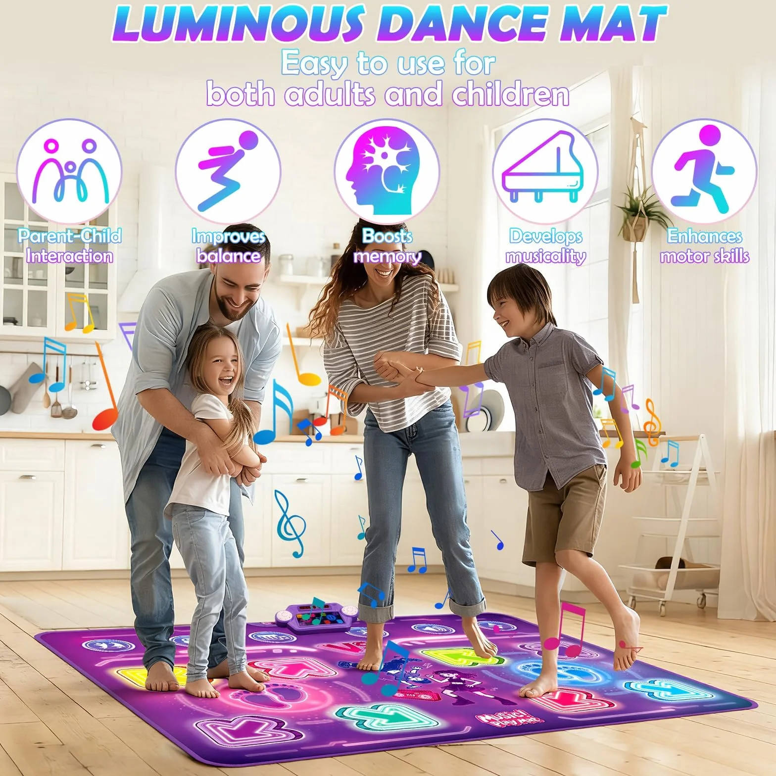 Tapis de Danse Musical Électronique pour Enfants avec 8 Flèches Lumière LED & Bluetooth, 3 Modes de Jeu, Cadeau Noël 3-10+